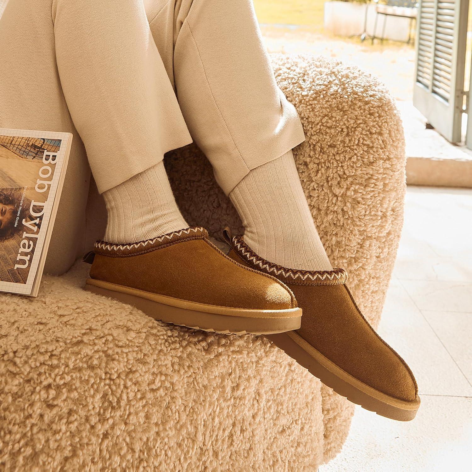 imageDREAM PAIRS Womens Fuzzy Cozy Slippers Genuine Suede Indoor Outdoor Fluffy Home Comfy Winter Slip On Cute Warm Memory Foam Furry Shoes FuzzyEasyChestnut