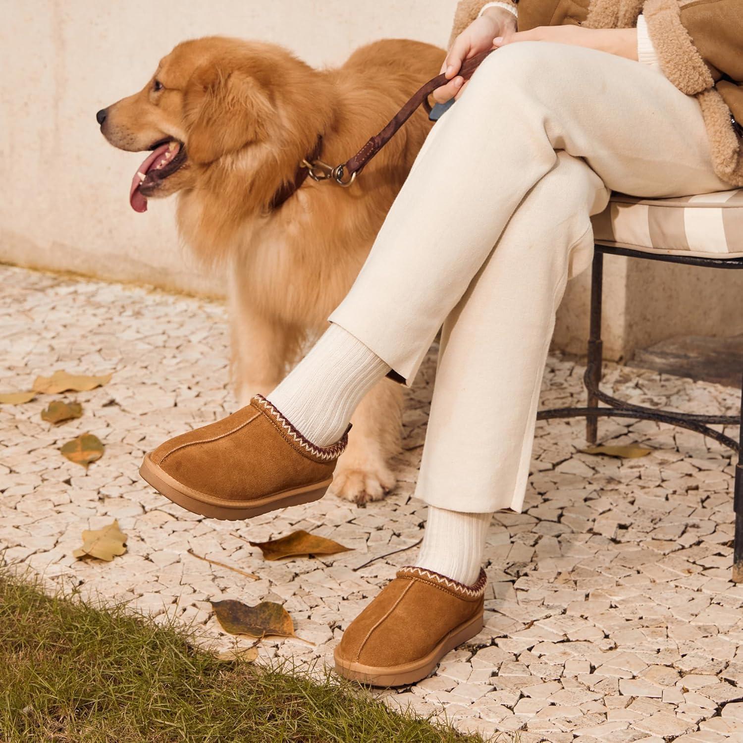 imageDREAM PAIRS Womens Fuzzy Cozy Slippers Genuine Suede Indoor Outdoor Fluffy Home Comfy Winter Slip On Cute Warm Memory Foam Furry Shoes FuzzyEasyChestnut