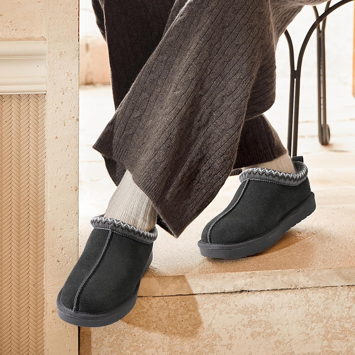 imageDREAM PAIRS Womens Fuzzy Cozy Slippers Genuine Suede Indoor Outdoor Fluffy Home Comfy Winter Slip On Cute Warm Memory Foam Furry Shoes FuzzyEasyGrey