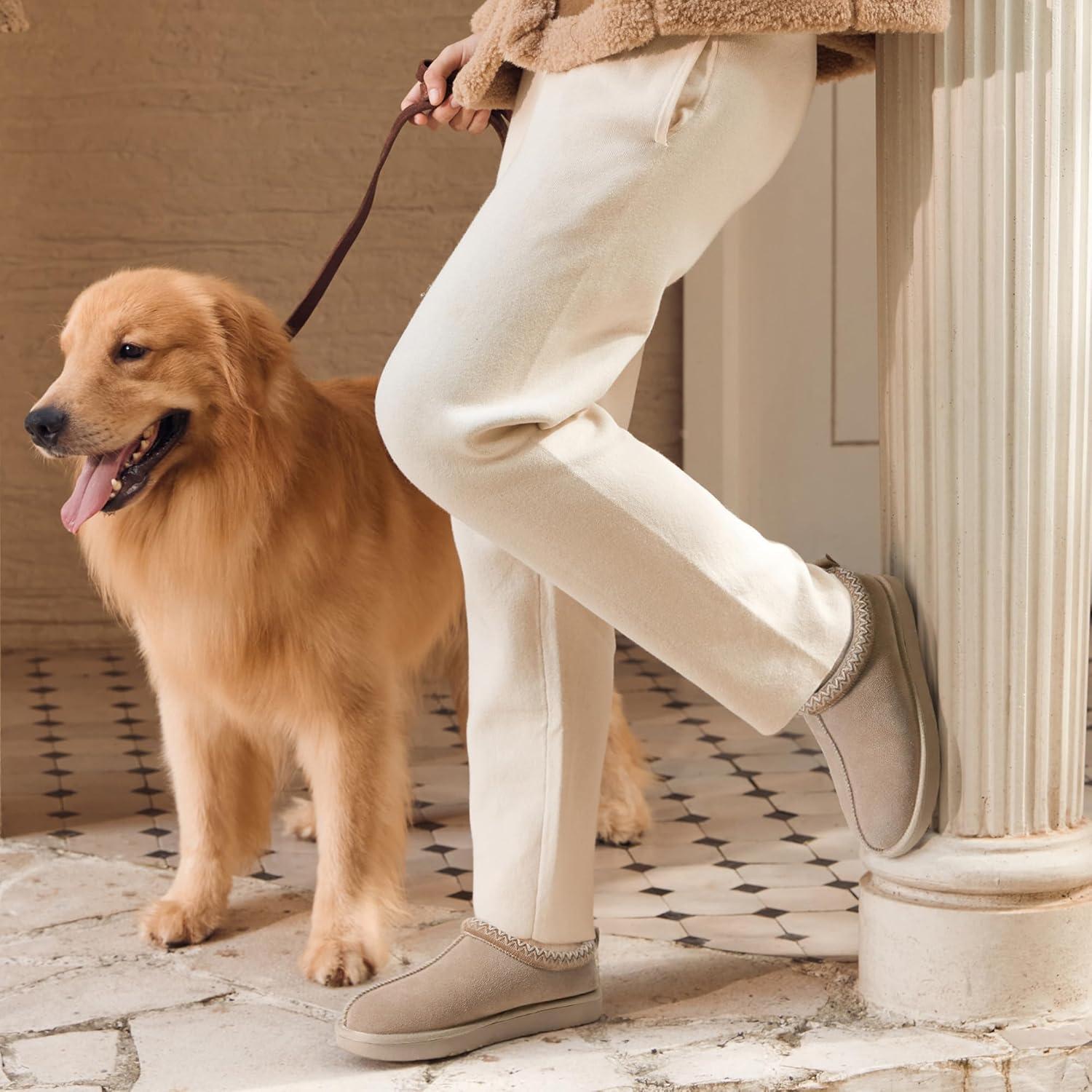 imageDREAM PAIRS Womens Fuzzy Cozy Slippers Genuine Suede Indoor Outdoor Fluffy Home Comfy Winter Slip On Cute Warm Memory Foam Furry Shoes FuzzyEasySand