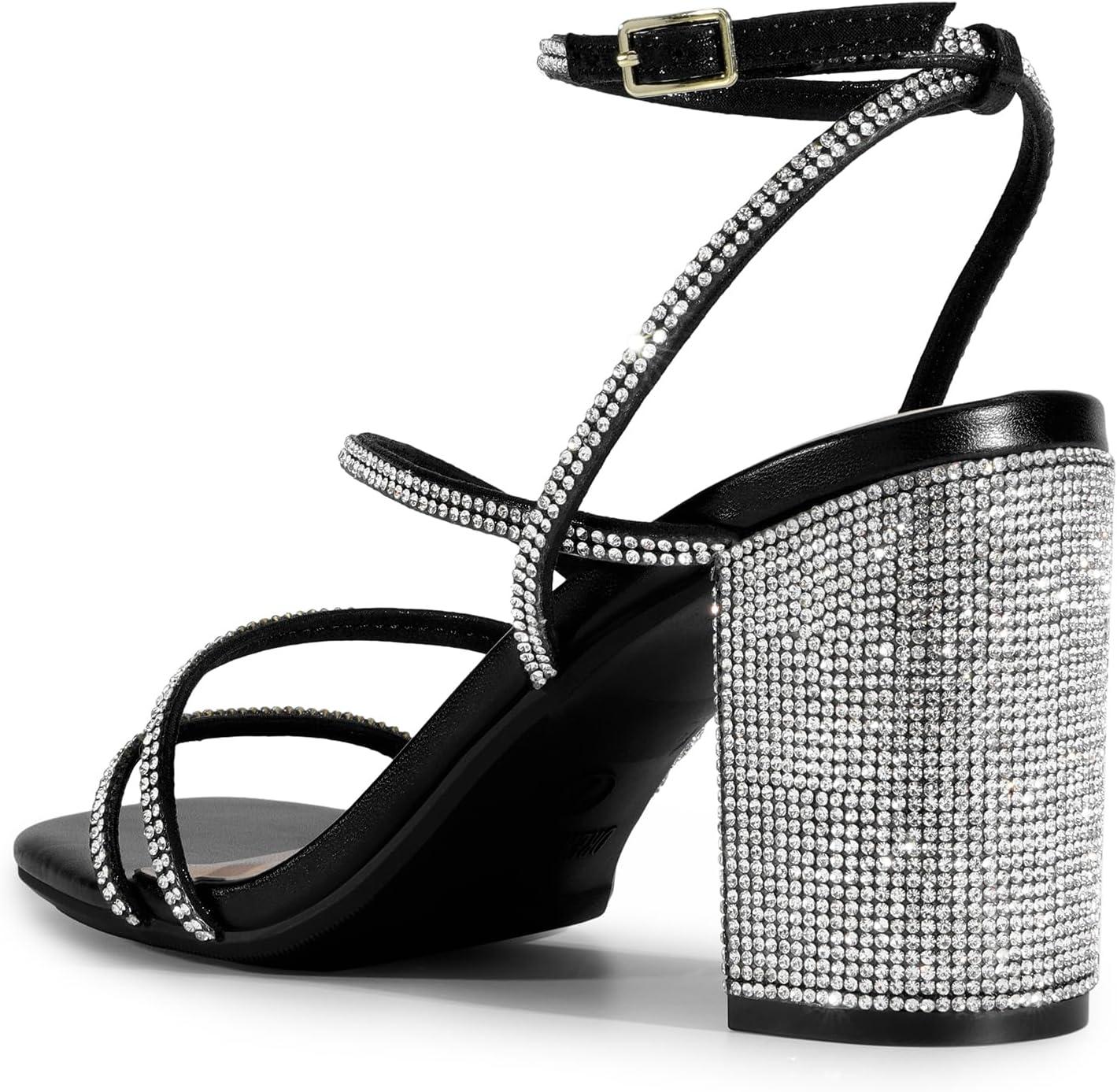imageDREAM PAIRS Womens Heels Chunky Block Strappy Square Open Toe Ankle Buckle Heeled Sandals Wedding Party Dress Shoes IndieBlackrhinestone