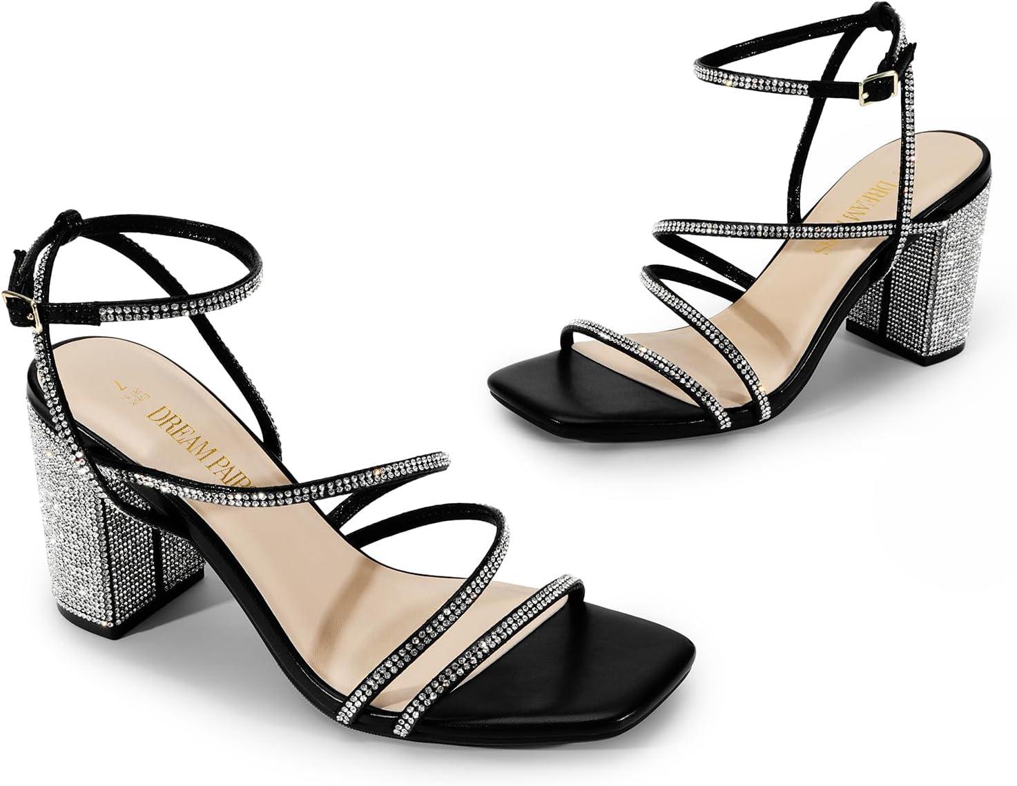 imageDREAM PAIRS Womens Heels Chunky Block Strappy Square Open Toe Ankle Buckle Heeled Sandals Wedding Party Dress Shoes IndieBlackrhinestone