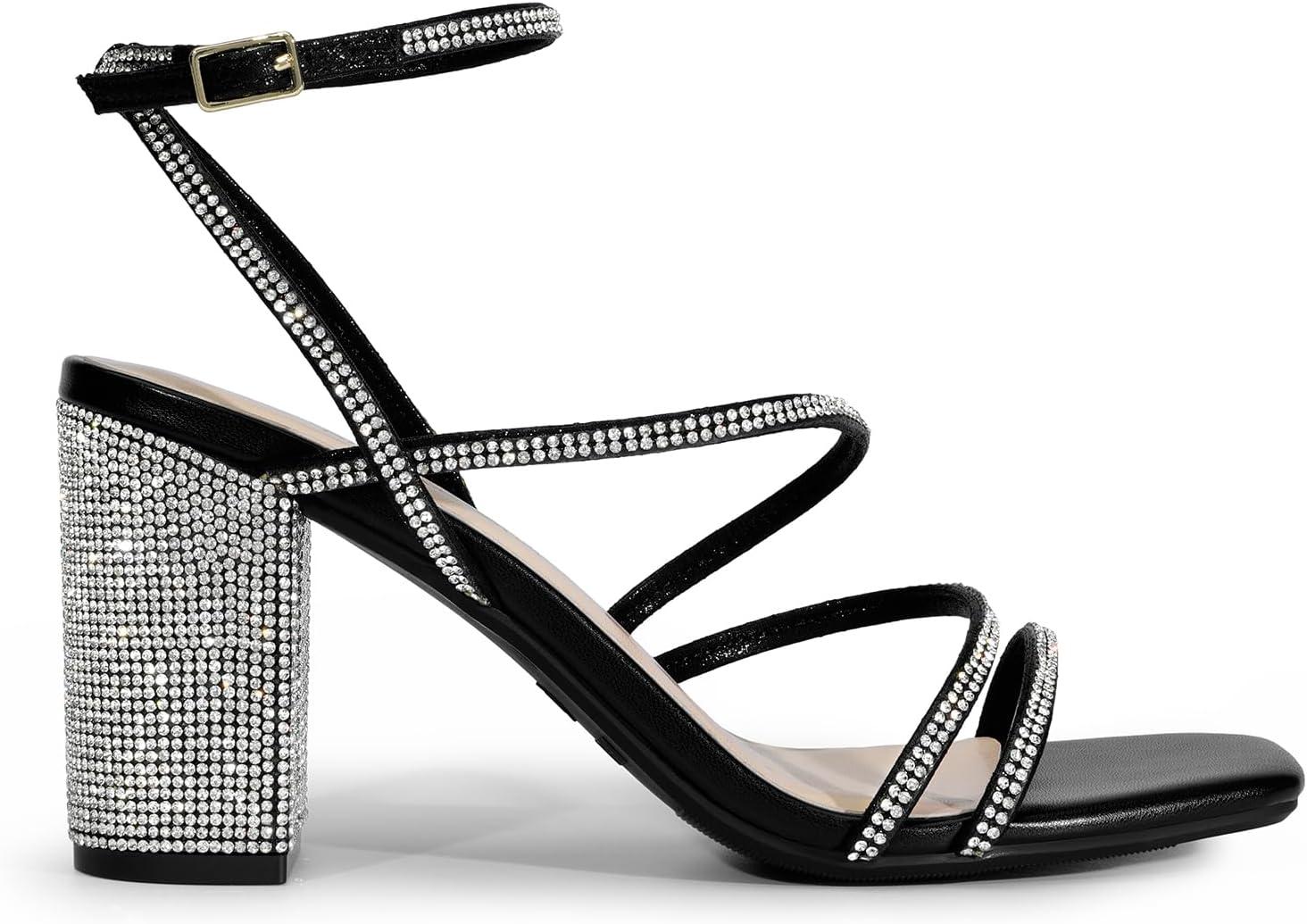 imageDREAM PAIRS Womens Heels Chunky Block Strappy Square Open Toe Ankle Buckle Heeled Sandals Wedding Party Dress Shoes IndieBlackrhinestone