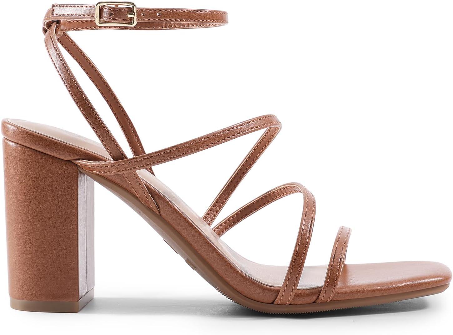 imageDREAM PAIRS Womens Heels Chunky Block Strappy Square Open Toe Ankle Buckle Heeled Sandals Wedding Party Dress Shoes IndieBrown