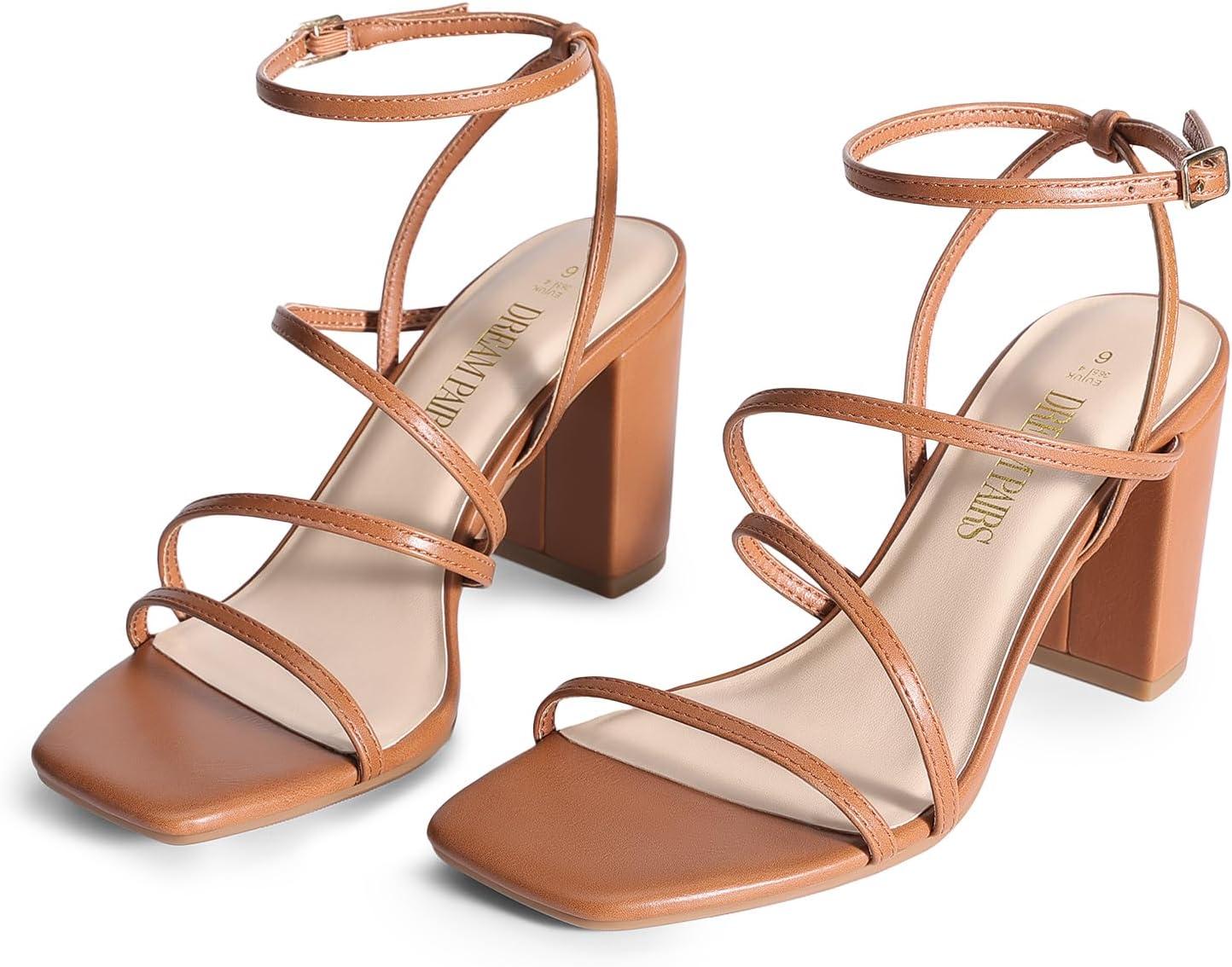 imageDREAM PAIRS Womens Heels Chunky Block Strappy Square Open Toe Ankle Buckle Heeled Sandals Wedding Party Dress Shoes IndieBrown