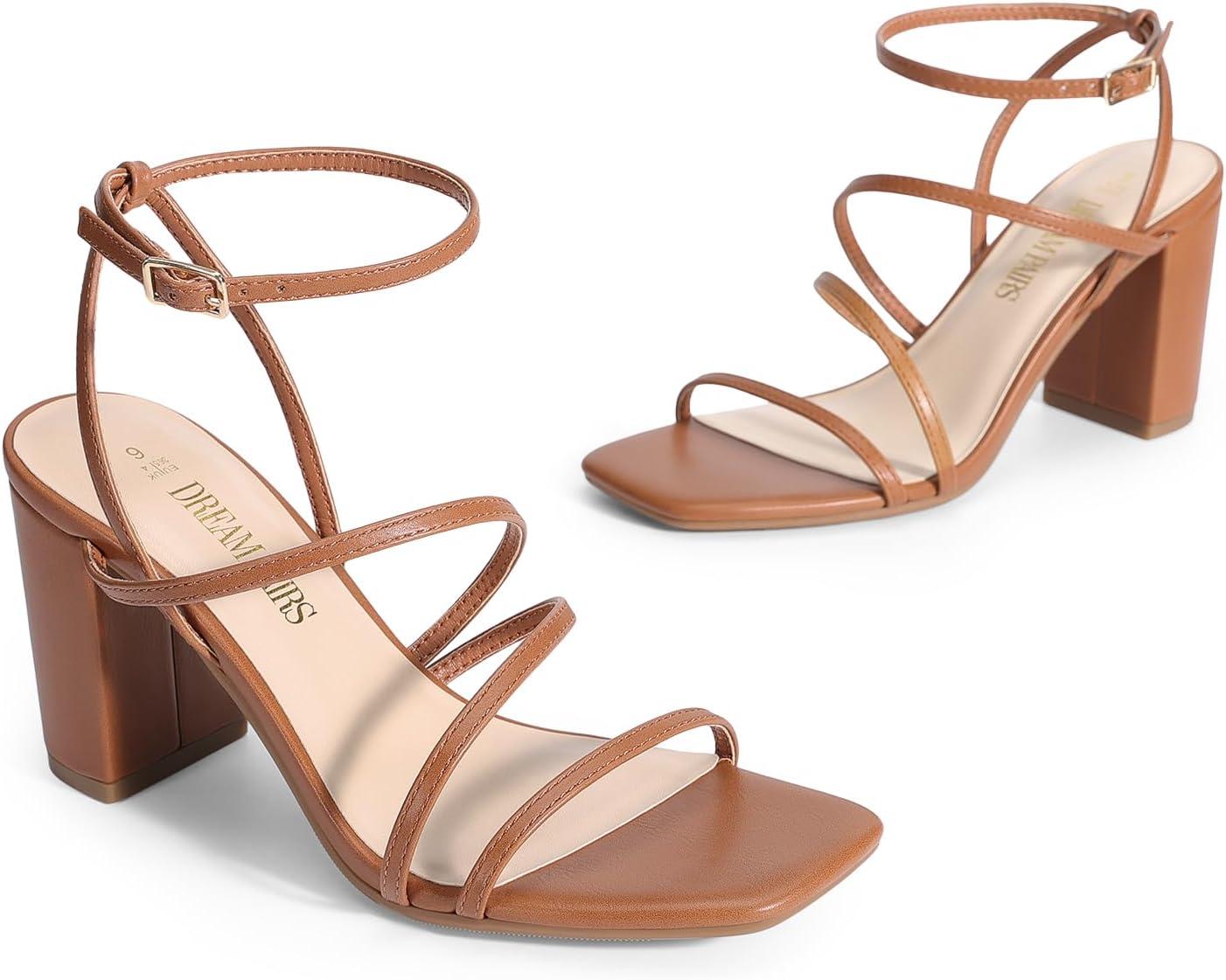 imageDREAM PAIRS Womens Heels Chunky Block Strappy Square Open Toe Ankle Buckle Heeled Sandals Wedding Party Dress Shoes IndieBrown