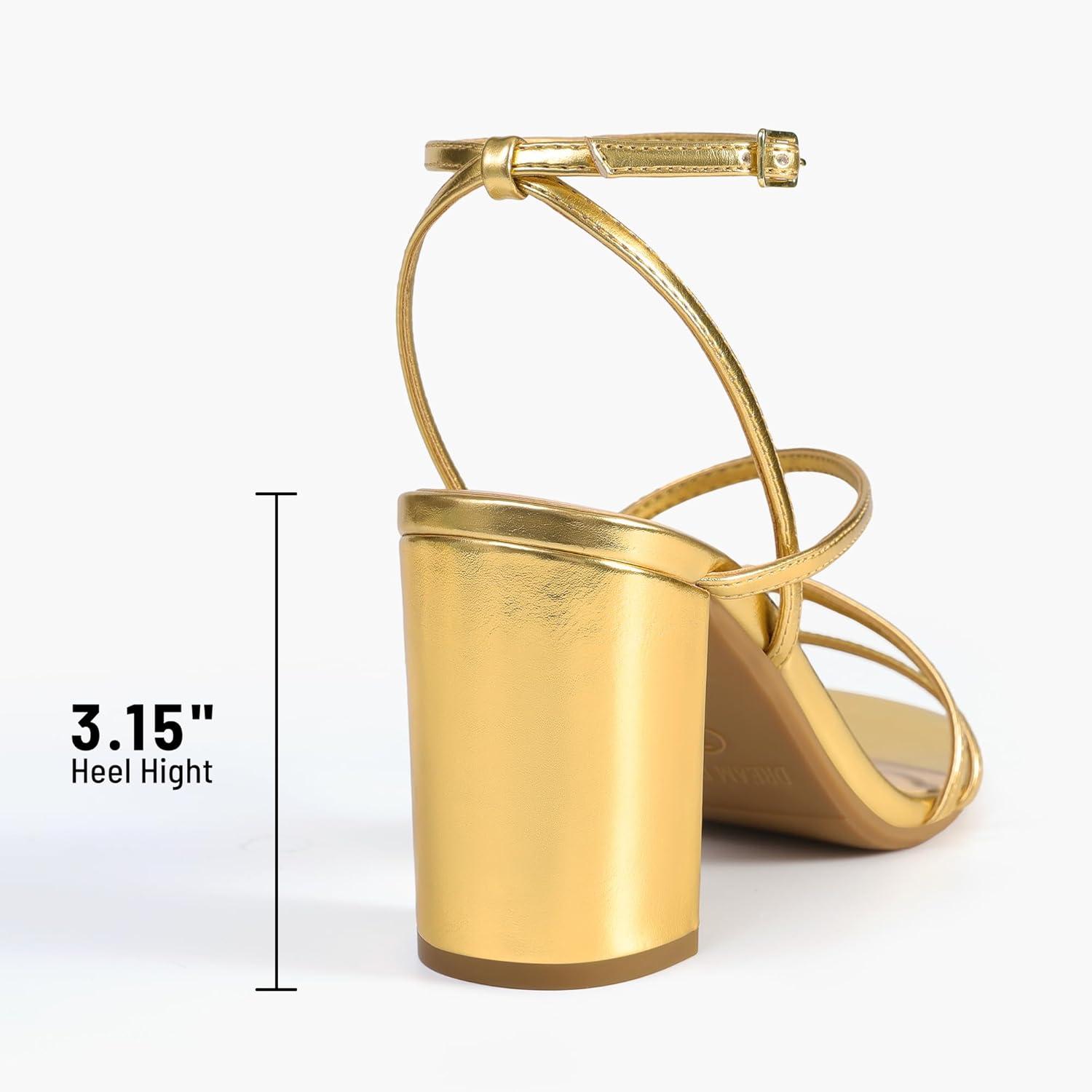 imageDREAM PAIRS Womens Heels Chunky Block Strappy Square Open Toe Ankle Buckle Heeled Sandals Wedding Party Dress Shoes IndieGoldpu