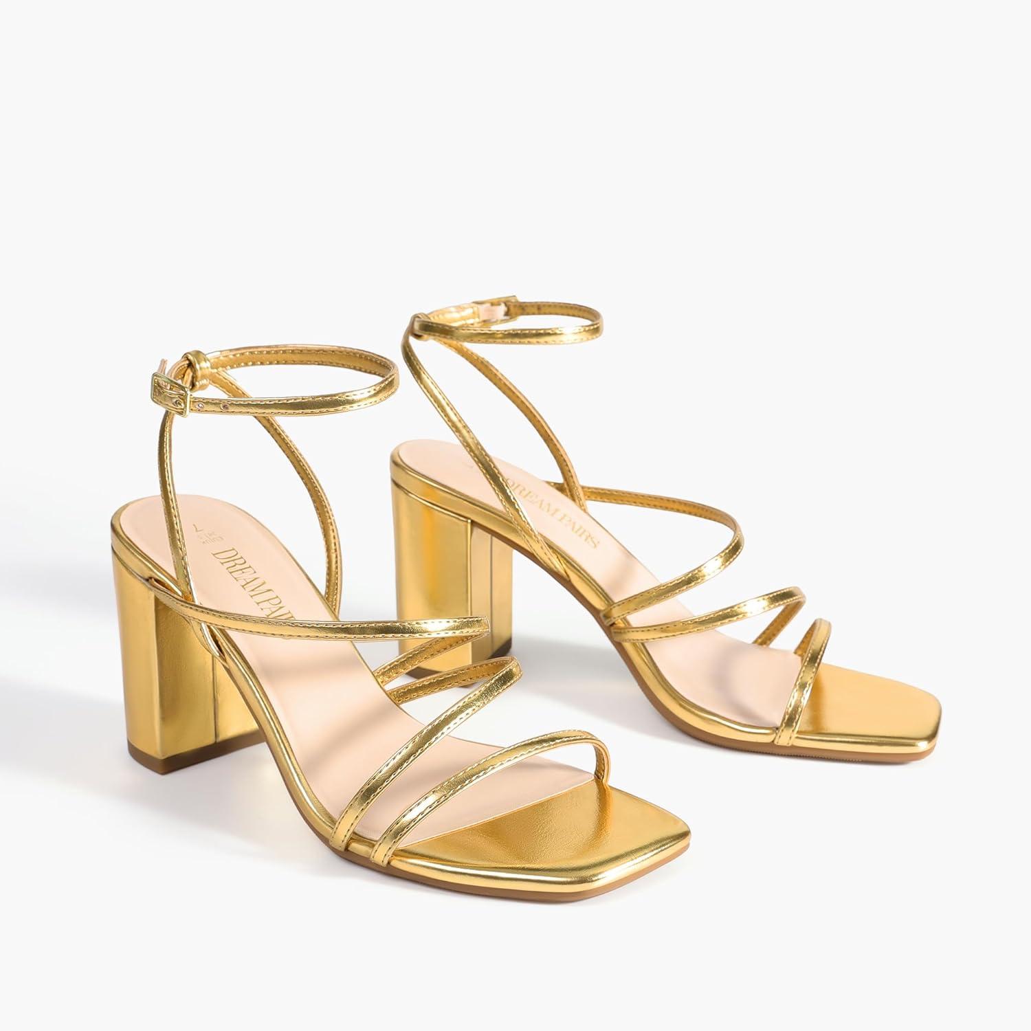imageDREAM PAIRS Womens Heels Chunky Block Strappy Square Open Toe Ankle Buckle Heeled Sandals Wedding Party Dress Shoes IndieGoldpu
