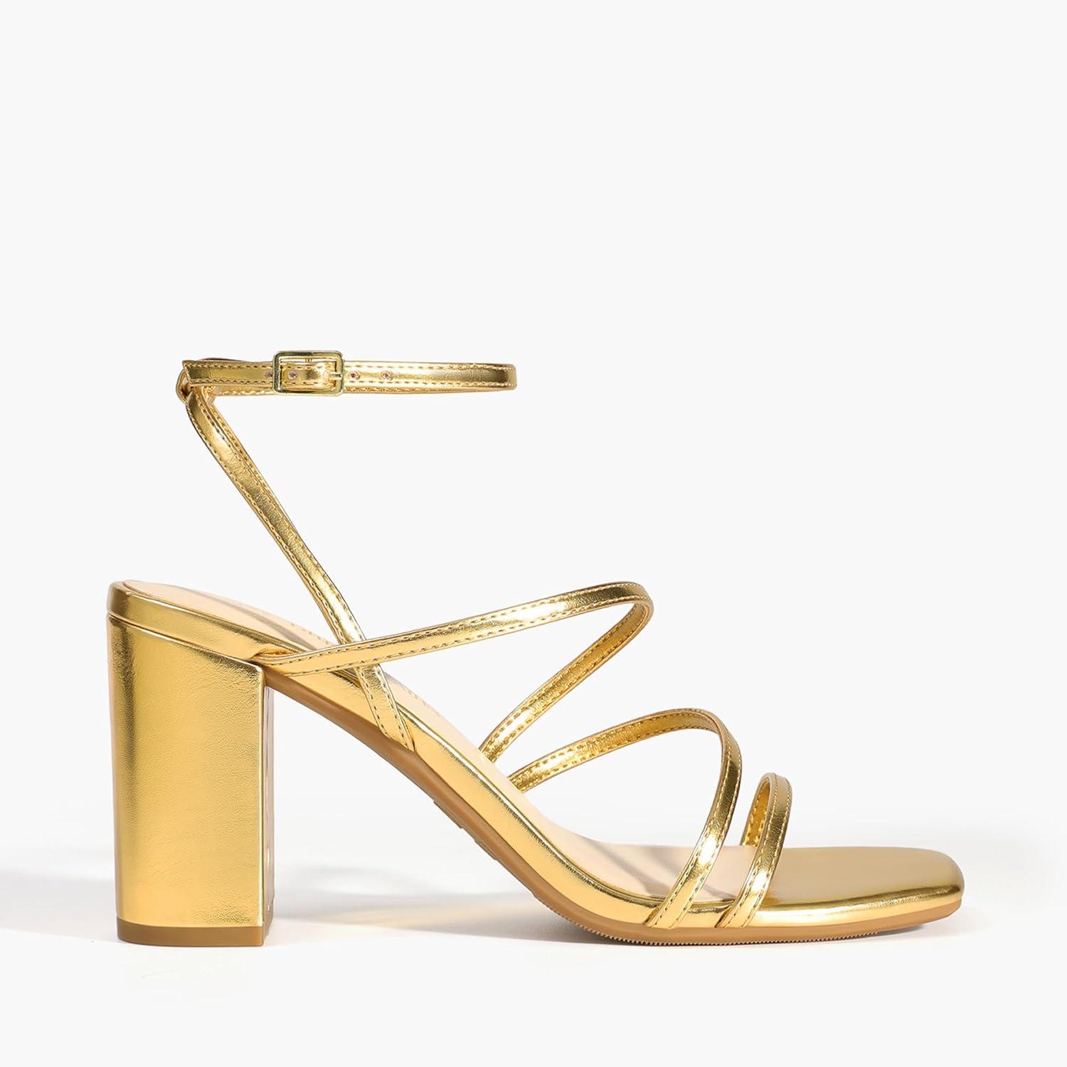 imageDREAM PAIRS Womens Heels Chunky Block Strappy Square Open Toe Ankle Buckle Heeled Sandals Wedding Party Dress Shoes IndieGoldpu