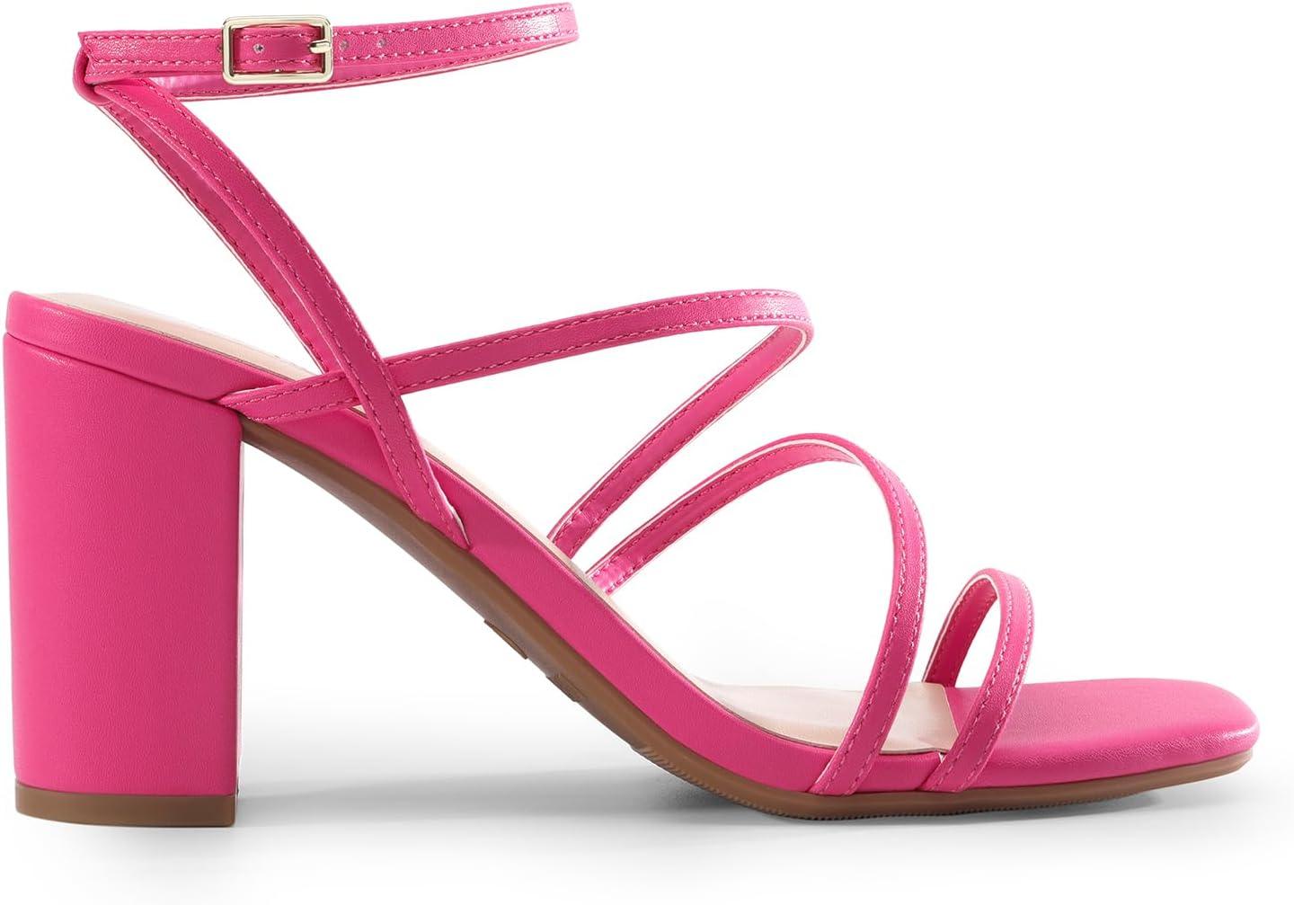 imageDREAM PAIRS Womens Heels Chunky Block Strappy Square Open Toe Ankle Buckle Heeled Sandals Wedding Party Dress Shoes IndieHot Pink