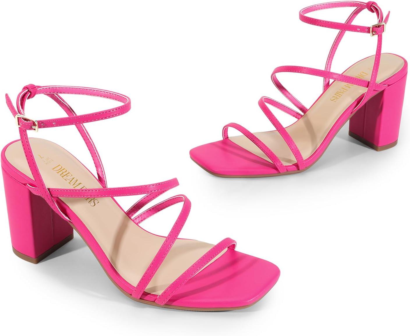 imageDREAM PAIRS Womens Heels Chunky Block Strappy Square Open Toe Ankle Buckle Heeled Sandals Wedding Party Dress Shoes IndieHot Pink