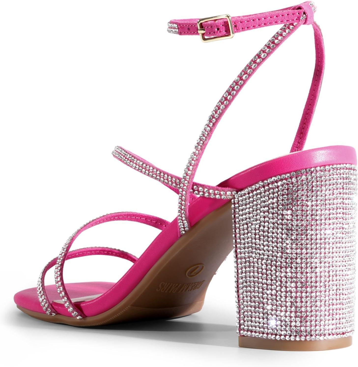 imageDREAM PAIRS Womens Heels Chunky Block Strappy Square Open Toe Ankle Buckle Heeled Sandals Wedding Party Dress Shoes IndieHot Pinkrhinestone