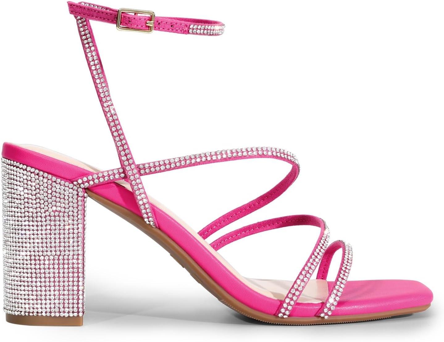 imageDREAM PAIRS Womens Heels Chunky Block Strappy Square Open Toe Ankle Buckle Heeled Sandals Wedding Party Dress Shoes IndieHot Pinkrhinestone