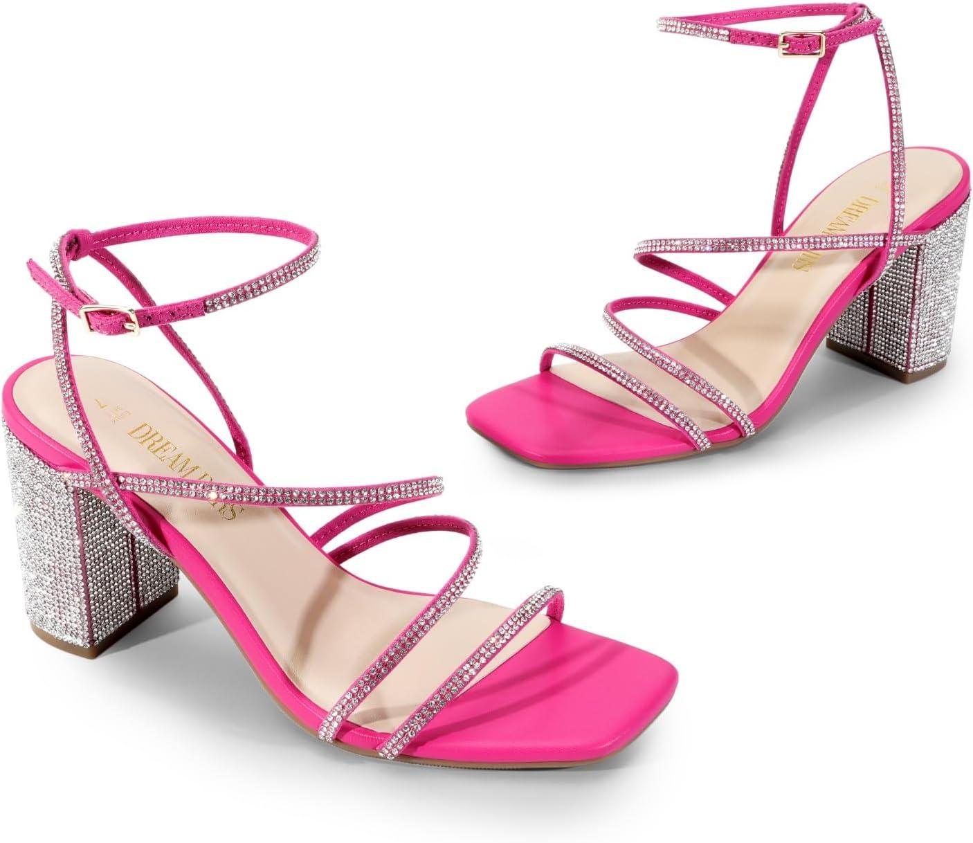 imageDREAM PAIRS Womens Heels Chunky Block Strappy Square Open Toe Ankle Buckle Heeled Sandals Wedding Party Dress Shoes IndieHot Pinkrhinestone