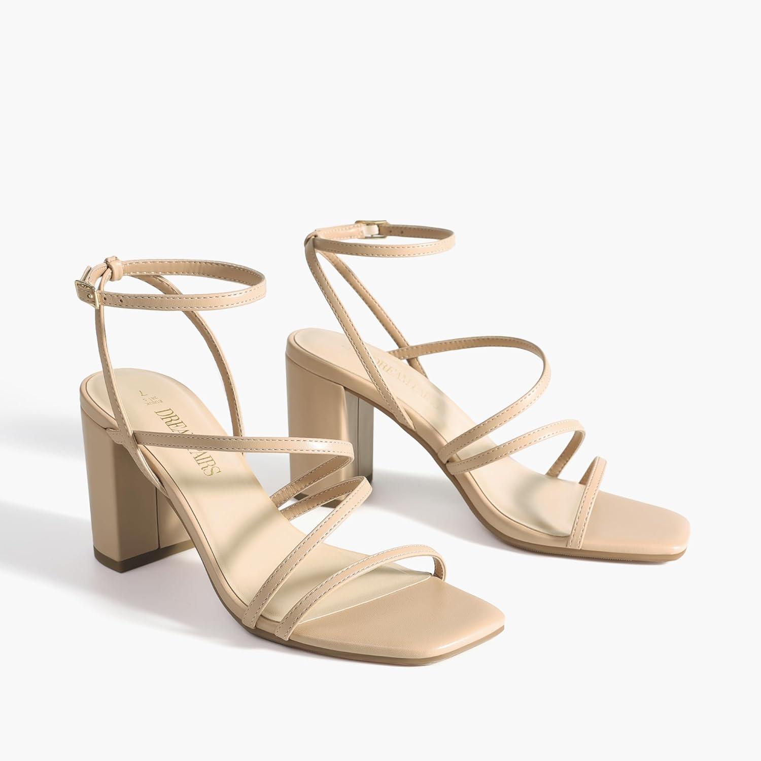 imageDREAM PAIRS Womens Heels Chunky Block Strappy Square Open Toe Ankle Buckle Heeled Sandals Wedding Party Dress Shoes IndieNude