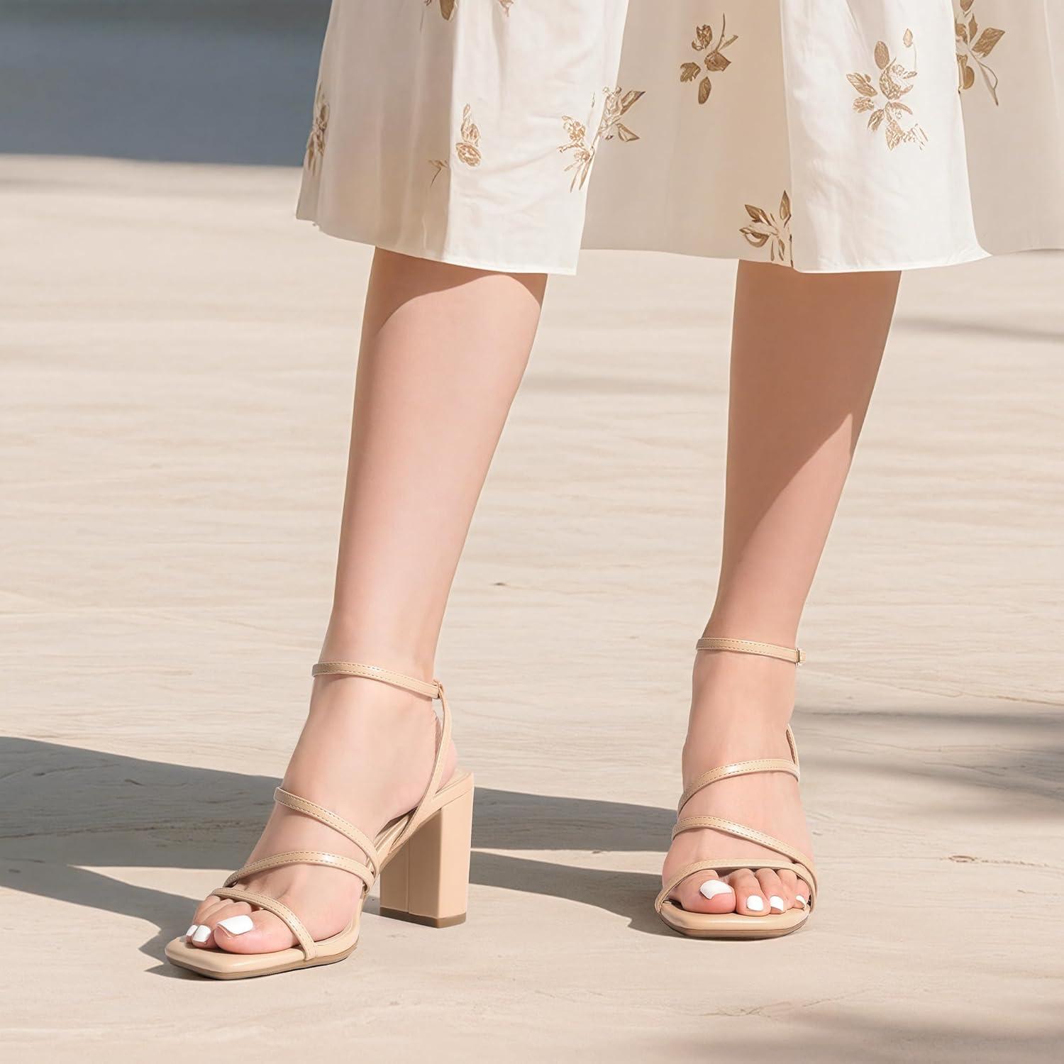 imageDREAM PAIRS Womens Heels Chunky Block Strappy Square Open Toe Ankle Buckle Heeled Sandals Wedding Party Dress Shoes IndieNude