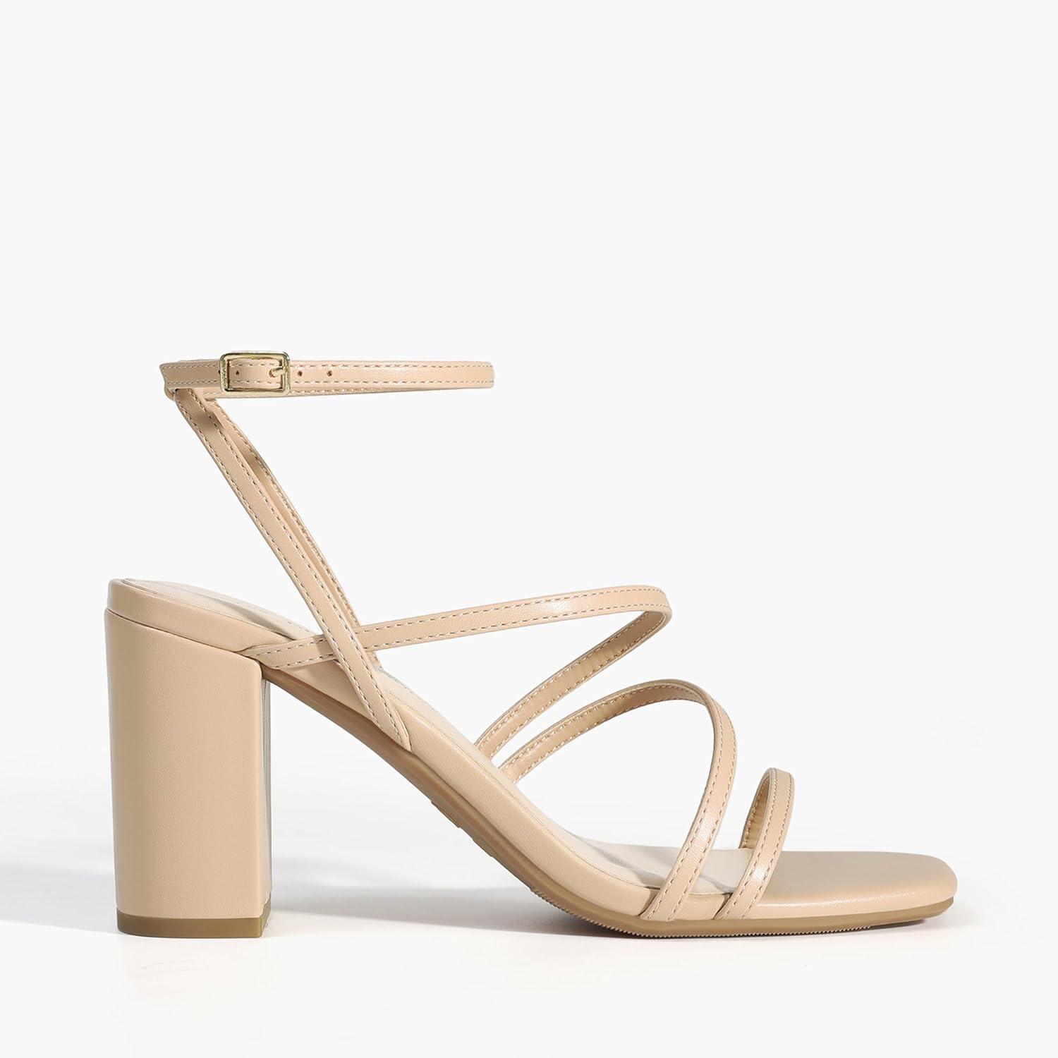imageDREAM PAIRS Womens Heels Chunky Block Strappy Square Open Toe Ankle Buckle Heeled Sandals Wedding Party Dress Shoes IndieNude