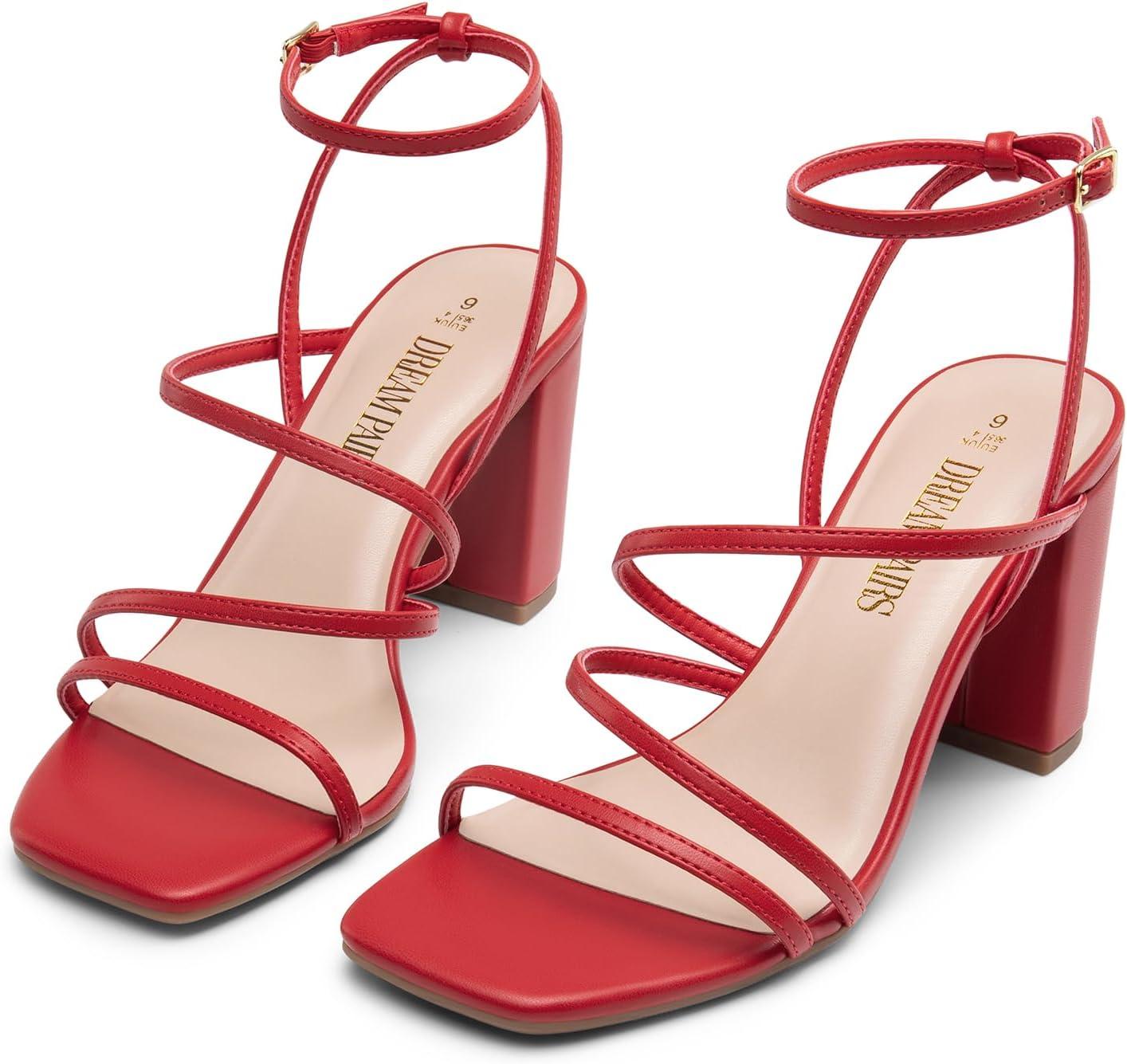 imageDREAM PAIRS Womens Heels Chunky Block Strappy Square Open Toe Ankle Buckle Heeled Sandals Wedding Party Dress Shoes IndieRedpu