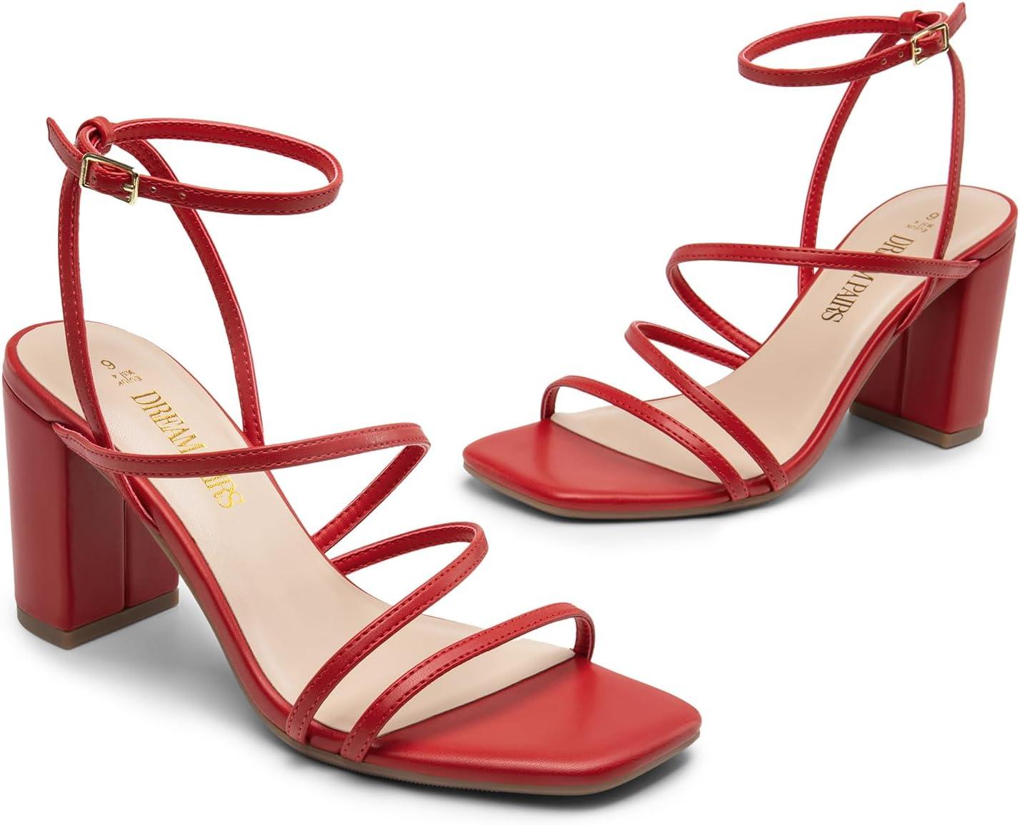 imageDREAM PAIRS Womens Heels Chunky Block Strappy Square Open Toe Ankle Buckle Heeled Sandals Wedding Party Dress Shoes IndieRedpu