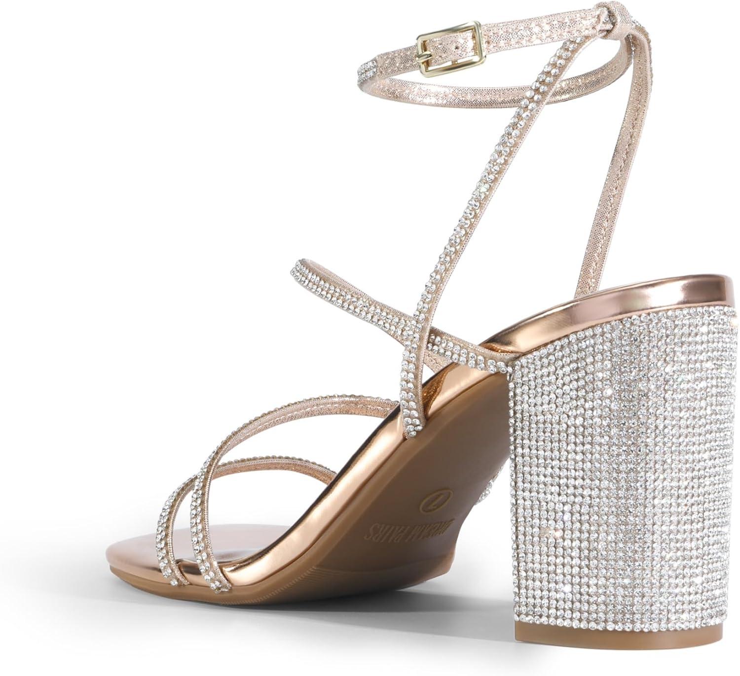 imageDREAM PAIRS Womens Heels Chunky Block Strappy Square Open Toe Ankle Buckle Heeled Sandals Wedding Party Dress Shoes IndieRose Goldrhinestone