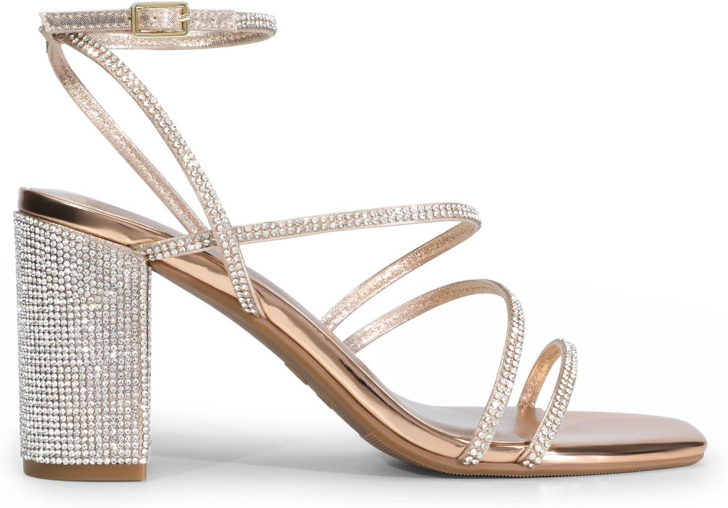 imageDREAM PAIRS Womens Heels Chunky Block Strappy Square Open Toe Ankle Buckle Heeled Sandals Wedding Party Dress Shoes IndieRose Goldrhinestone