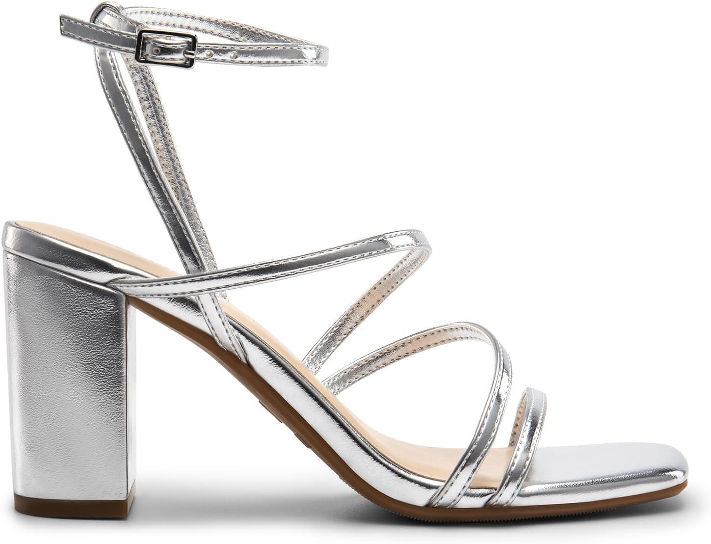 imageDREAM PAIRS Womens Heels Chunky Block Strappy Square Open Toe Ankle Buckle Heeled Sandals Wedding Party Dress Shoes IndieSilverpu