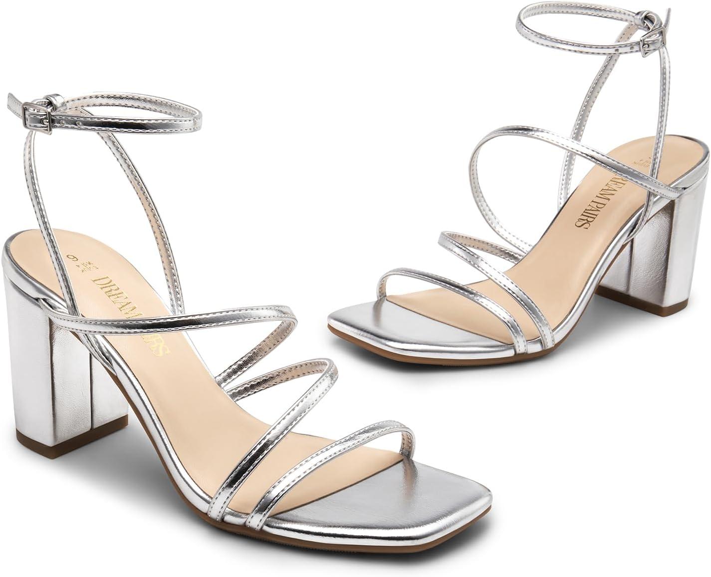 imageDREAM PAIRS Womens Heels Chunky Block Strappy Square Open Toe Ankle Buckle Heeled Sandals Wedding Party Dress Shoes IndieSilverpu