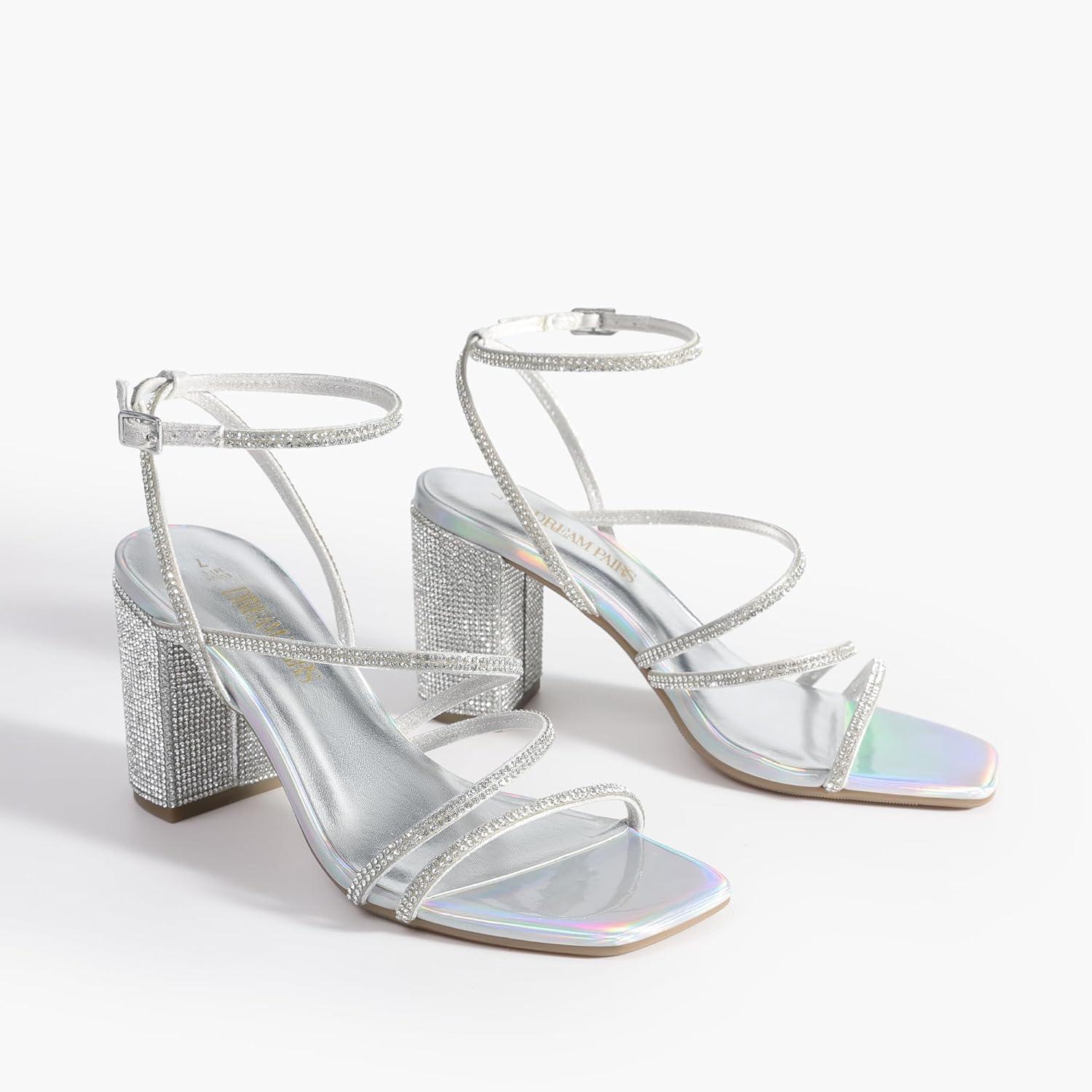 imageDREAM PAIRS Womens Heels Chunky Block Strappy Square Open Toe Ankle Buckle Heeled Sandals Wedding Party Dress Shoes IndieSilverrhinestone