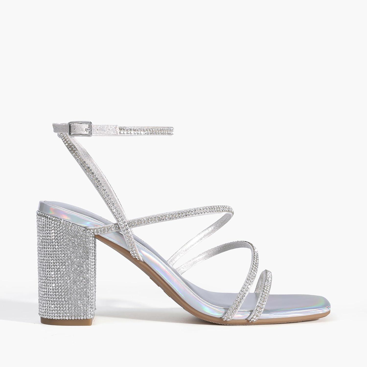 imageDREAM PAIRS Womens Heels Chunky Block Strappy Square Open Toe Ankle Buckle Heeled Sandals Wedding Party Dress Shoes IndieSilverrhinestone