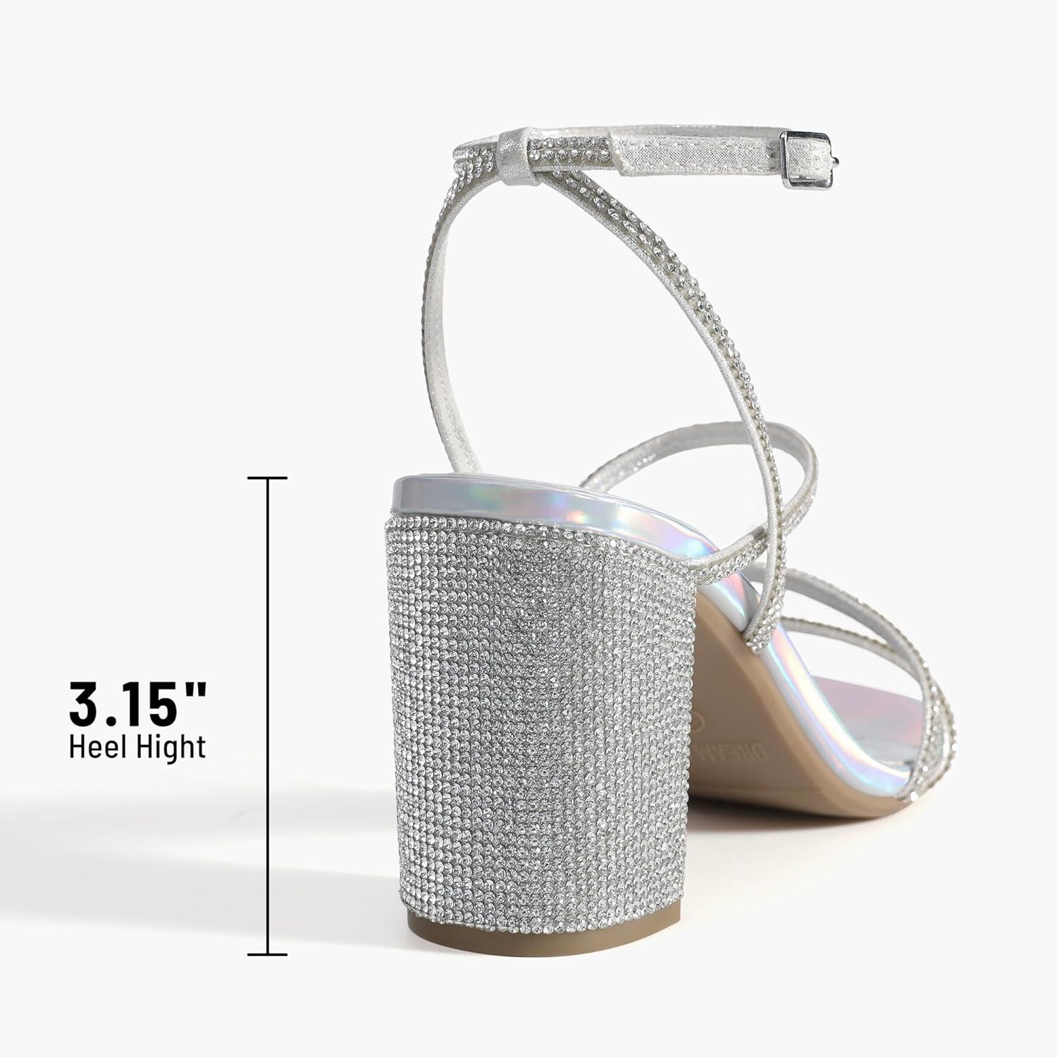imageDREAM PAIRS Womens Heels Chunky Block Strappy Square Open Toe Ankle Buckle Heeled Sandals Wedding Party Dress Shoes IndieSilverrhinestone