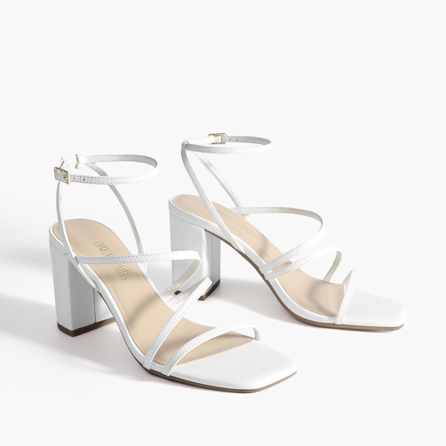 imageDREAM PAIRS Womens Heels Chunky Block Strappy Square Open Toe Ankle Buckle Heeled Sandals Wedding Party Dress Shoes IndieWhite
