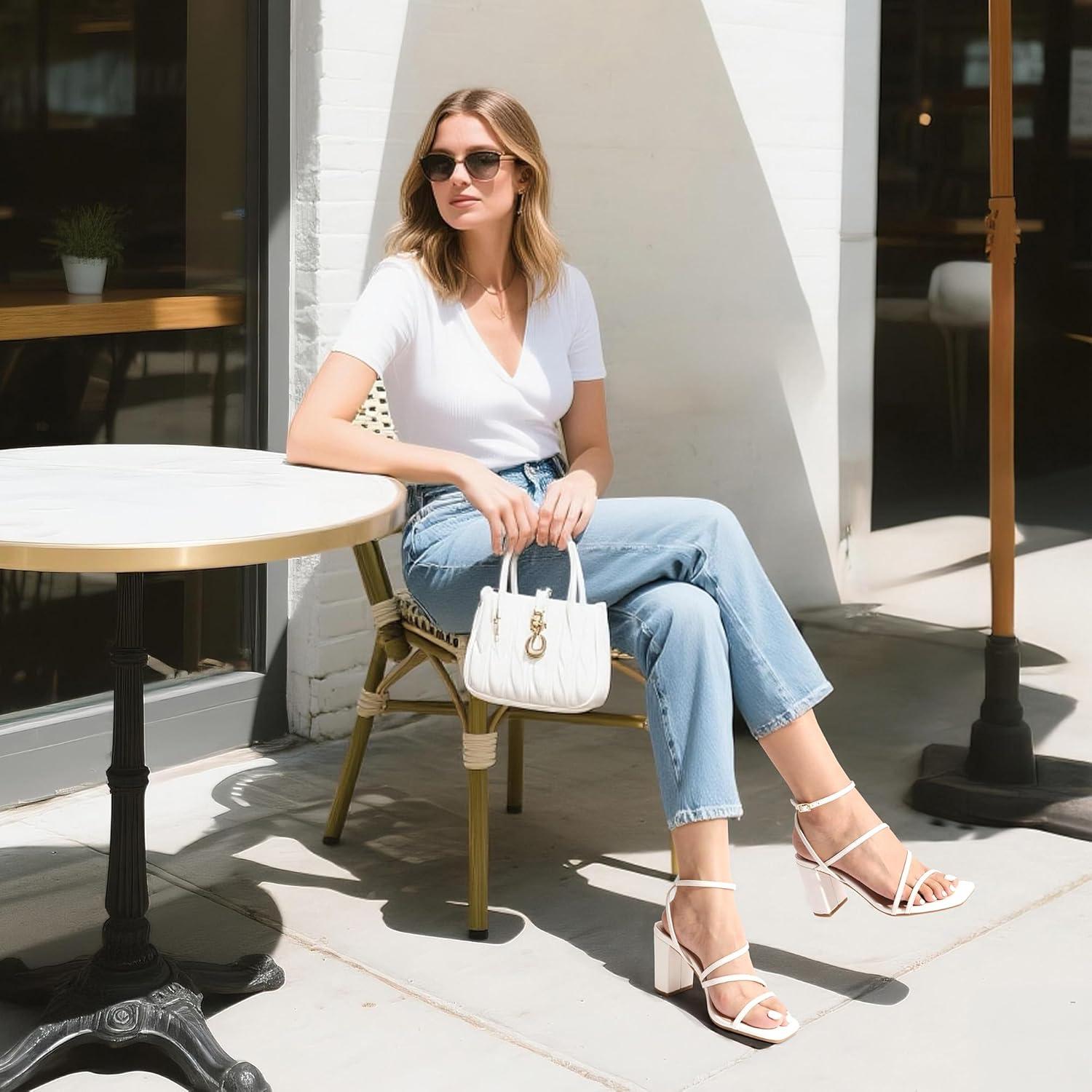 imageDREAM PAIRS Womens Heels Chunky Block Strappy Square Open Toe Ankle Buckle Heeled Sandals Wedding Party Dress Shoes IndieWhite