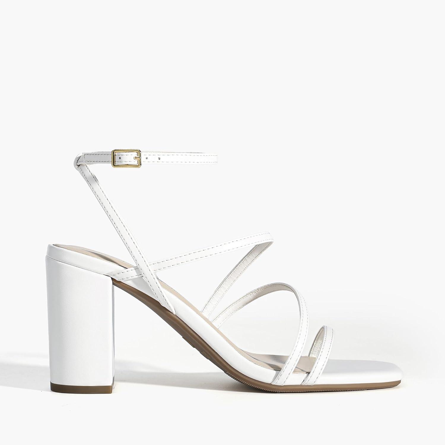 imageDREAM PAIRS Womens Heels Chunky Block Strappy Square Open Toe Ankle Buckle Heeled Sandals Wedding Party Dress Shoes IndieWhite