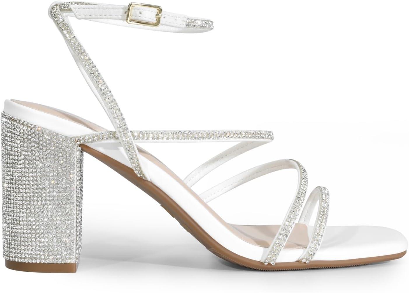 imageDREAM PAIRS Womens Heels Chunky Block Strappy Square Open Toe Ankle Buckle Heeled Sandals Wedding Party Dress Shoes IndieWhiterhinestone