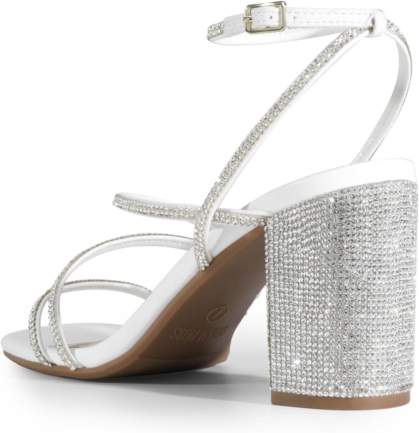 imageDREAM PAIRS Womens Heels Chunky Block Strappy Square Open Toe Ankle Buckle Heeled Sandals Wedding Party Dress Shoes IndieWhiterhinestone