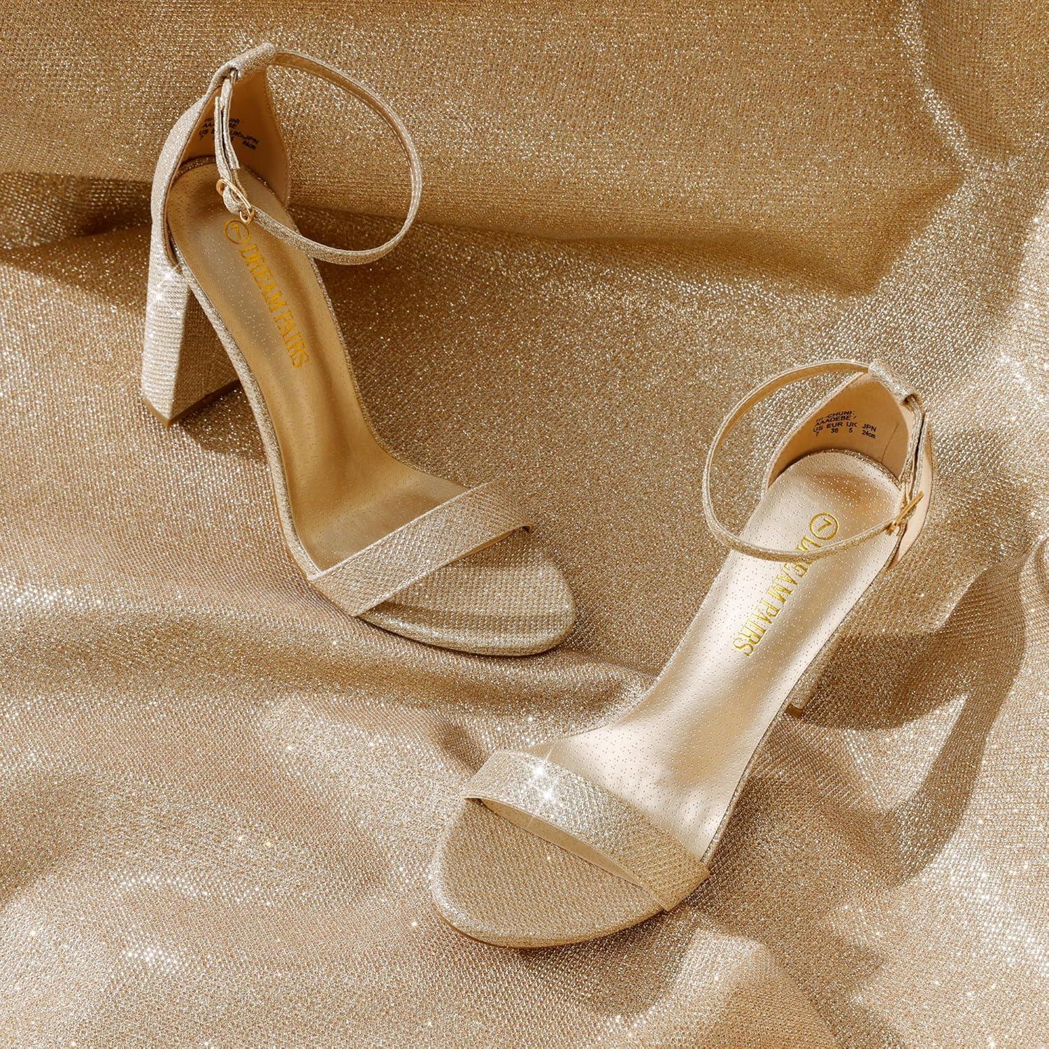 imageDREAM PAIRS Womens HiChunk High Heel Pump SandalsGoldGlitter