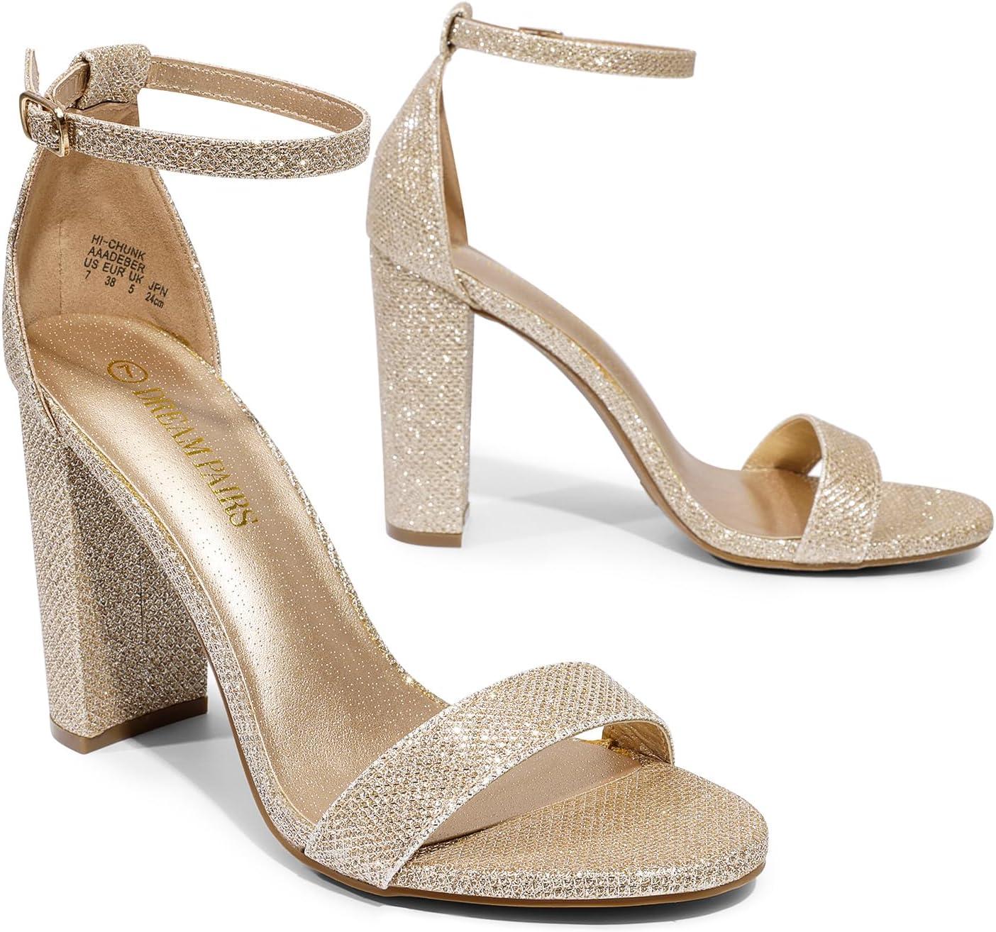 imageDREAM PAIRS Womens HiChunk High Heel Pump SandalsGoldGlitter