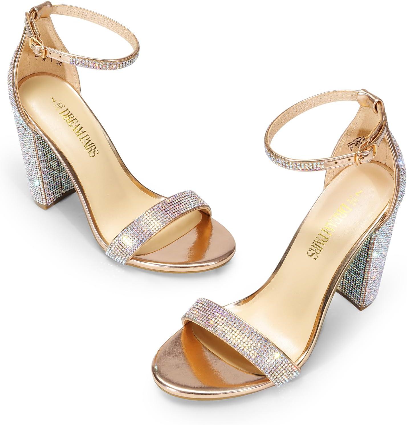 imageDREAM PAIRS Womens HiChunk High Heel Pump SandalsRose Goldrhinestone