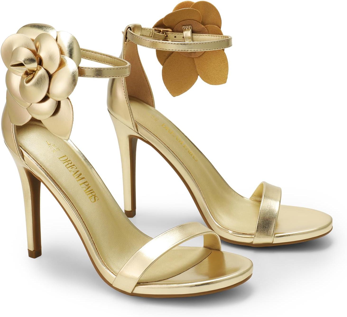 imageDREAM PAIRS Womens High Heels Flower Ankle Strap Stilettos Round Open Toe Dressy Sexy SandalsGoldpu
