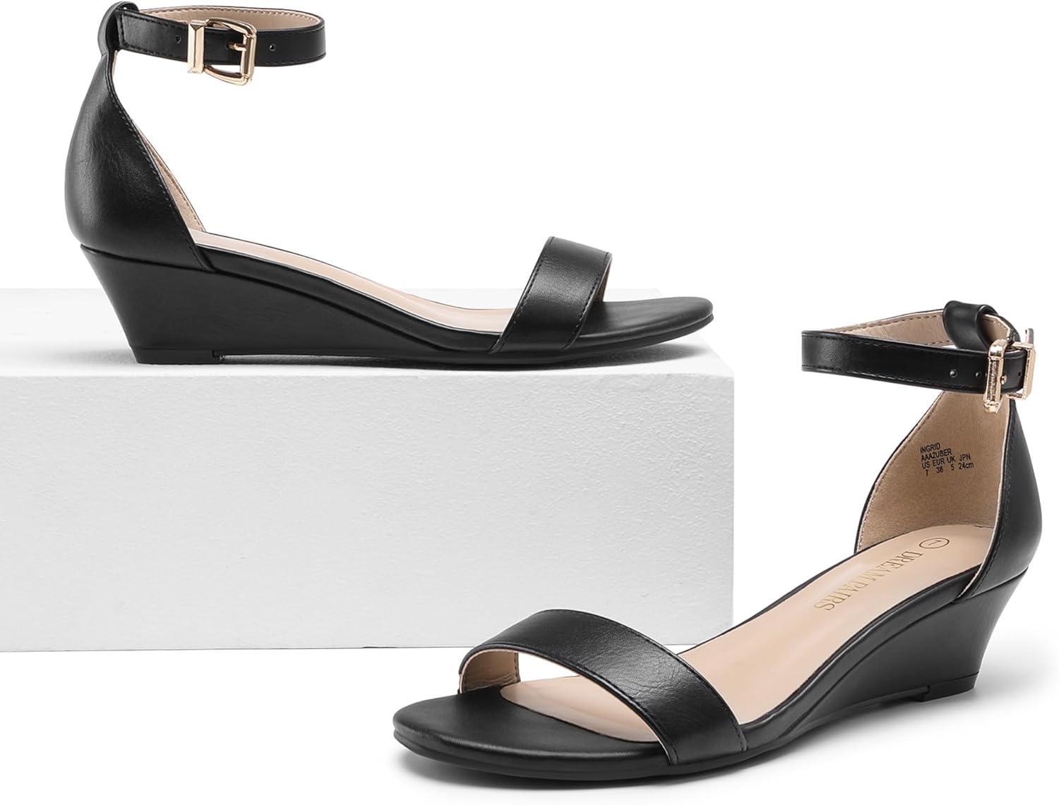 imageDREAM PAIRS Womens Ingrid Ankle Strap Low Wedge SandalBlackPu