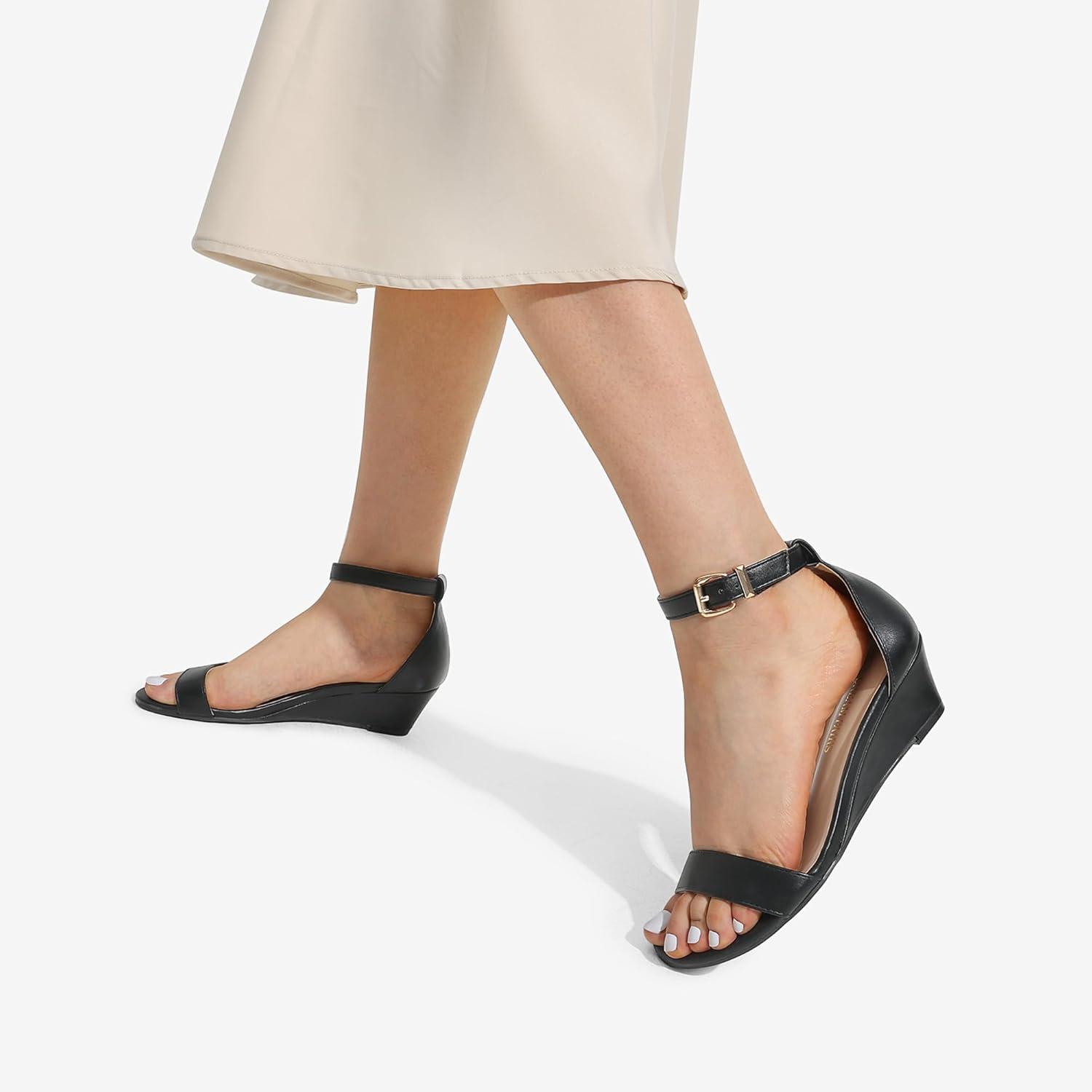 imageDREAM PAIRS Womens Ingrid Ankle Strap Low Wedge SandalBlackPu