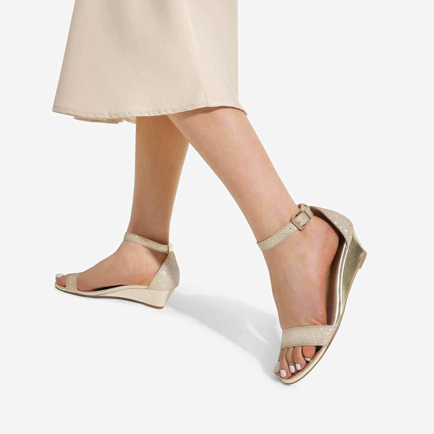 imageDREAM PAIRS Womens Ingrid Ankle Strap Low Wedge SandalGoldPlaid