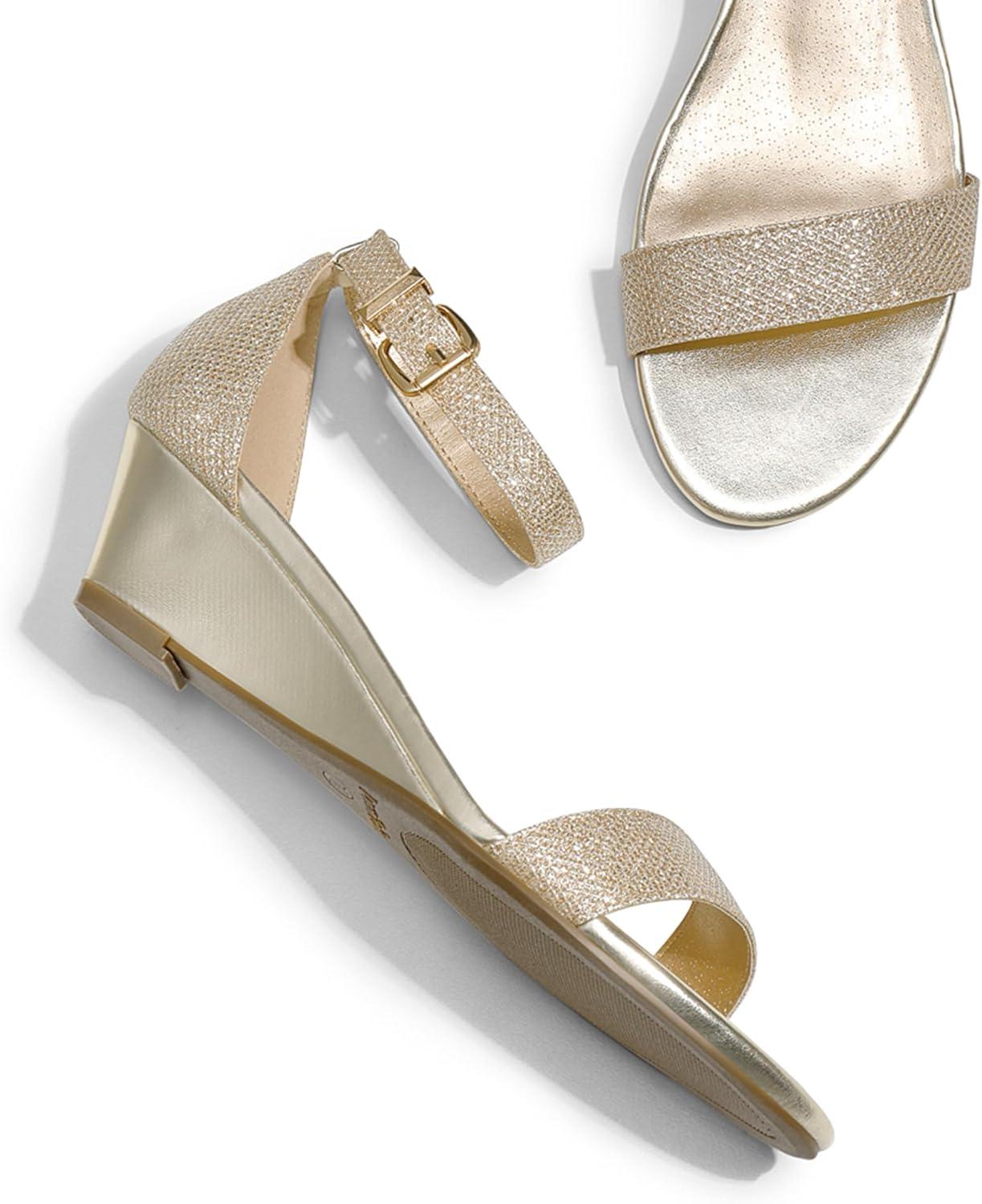 imageDREAM PAIRS Womens Ingrid Ankle Strap Low Wedge SandalGoldPlaid