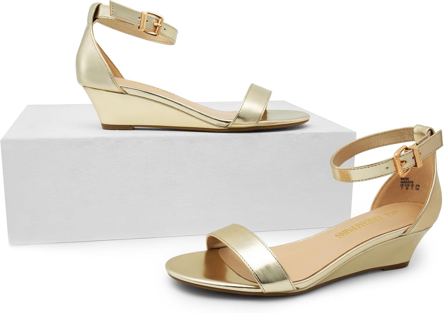 imageDREAM PAIRS Womens Ingrid Ankle Strap Low Wedge SandalGoldpu