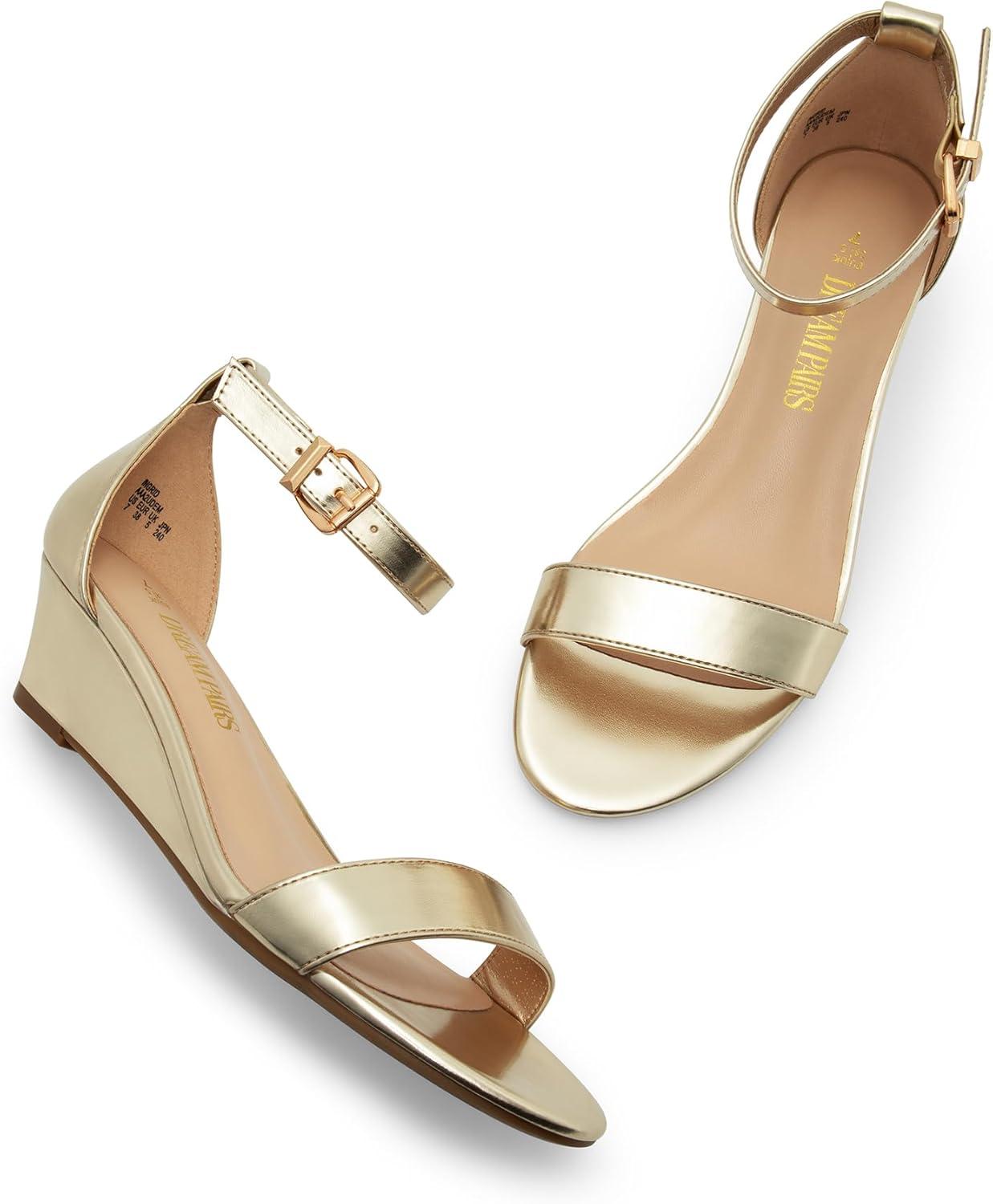 imageDREAM PAIRS Womens Ingrid Ankle Strap Low Wedge SandalGoldpu