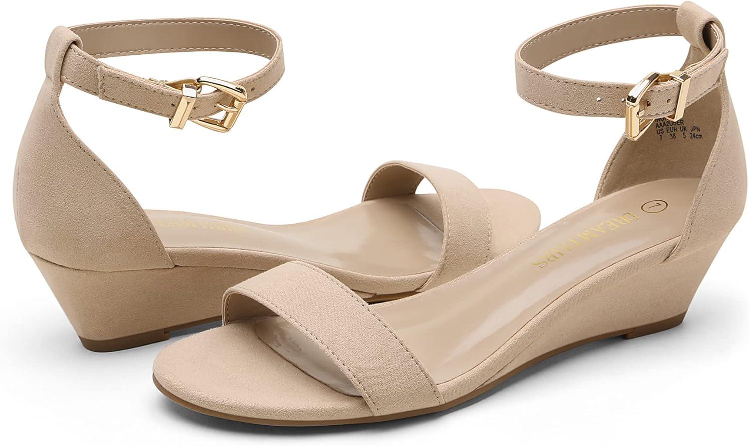 imageDREAM PAIRS Womens Ingrid Ankle Strap Low Wedge SandalNude Suede