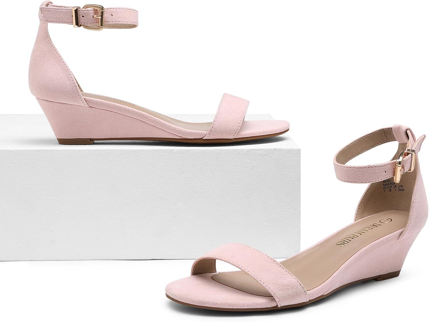 imageDREAM PAIRS Womens Ingrid Ankle Strap Low Wedge SandalPinkSuede