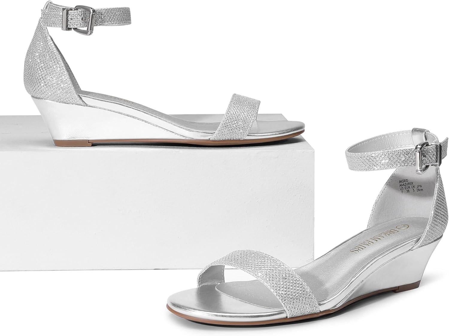 imageDREAM PAIRS Womens Ingrid Ankle Strap Low Wedge SandalSilverPlaid