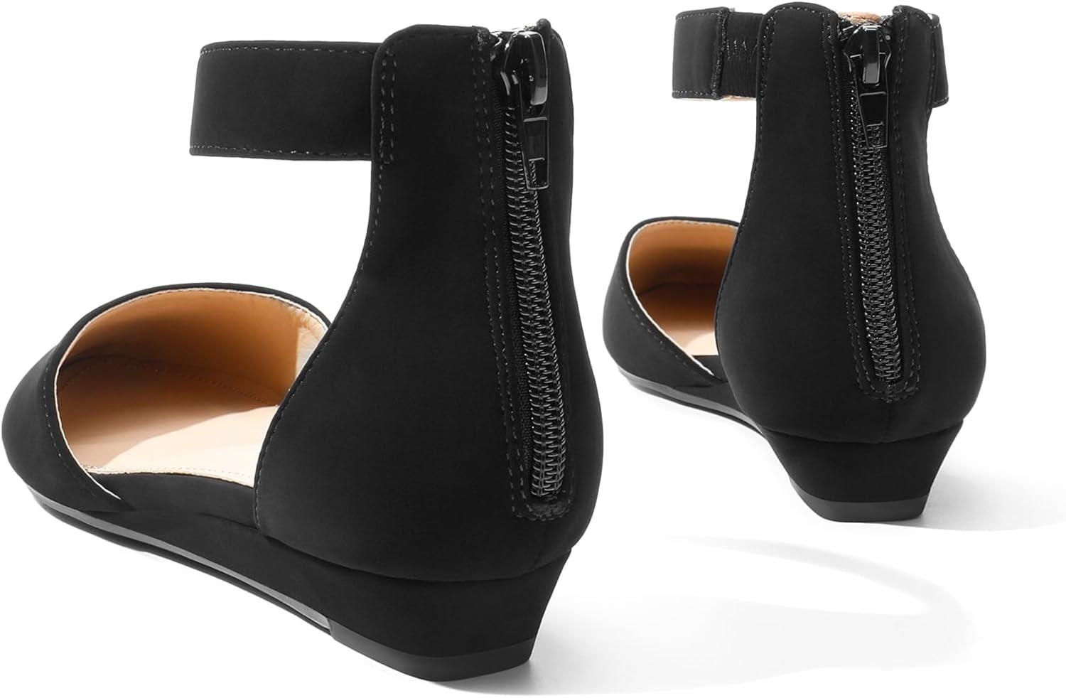 imageDREAM PAIRS Womens Low Wedge Round Toe Ankle Strap Dress Comfortable Casual Flats ShoesBlackNubuck