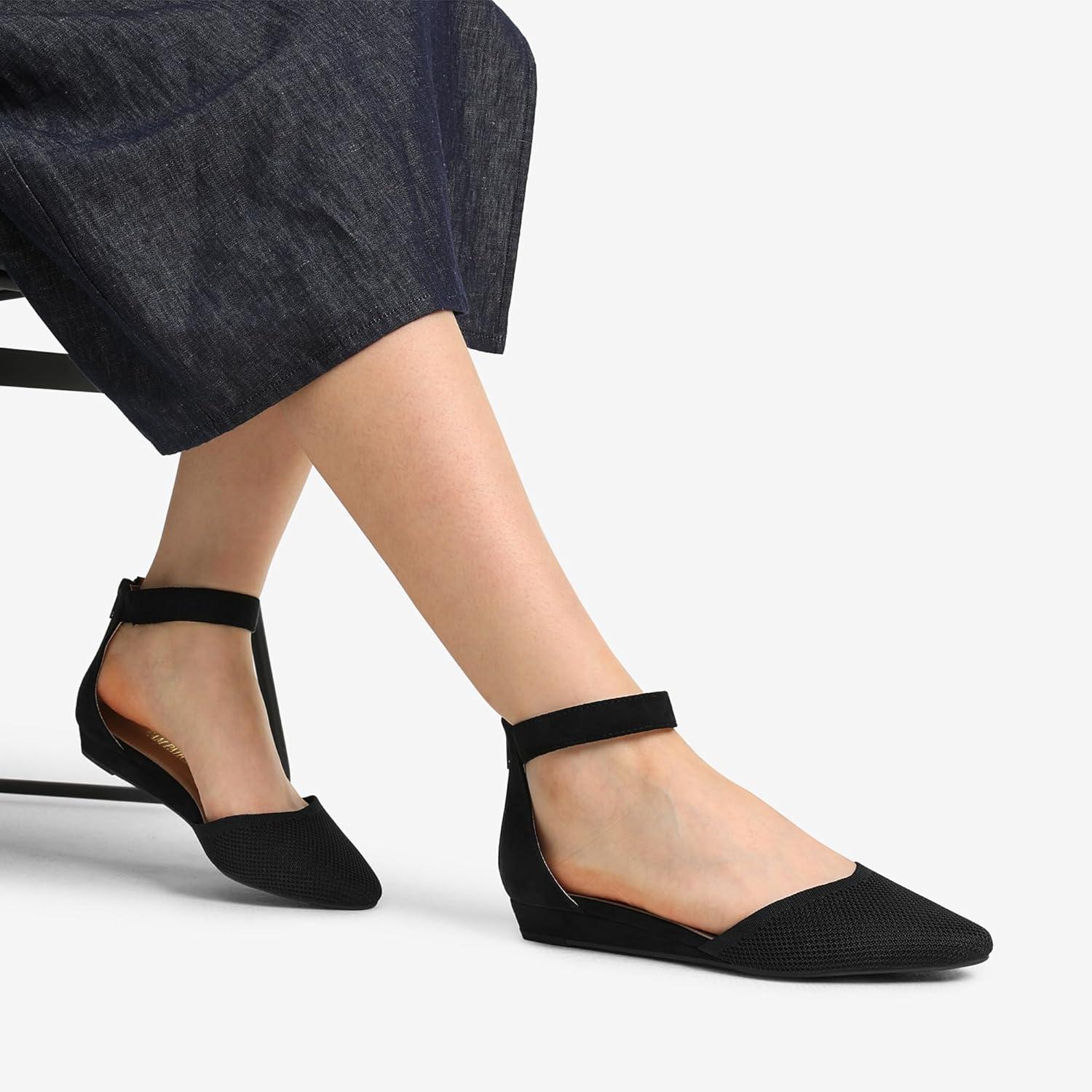 imageDREAM PAIRS Womens Low Wedge Round Toe Ankle Strap Dress Comfortable Casual Flats ShoesBlackknit